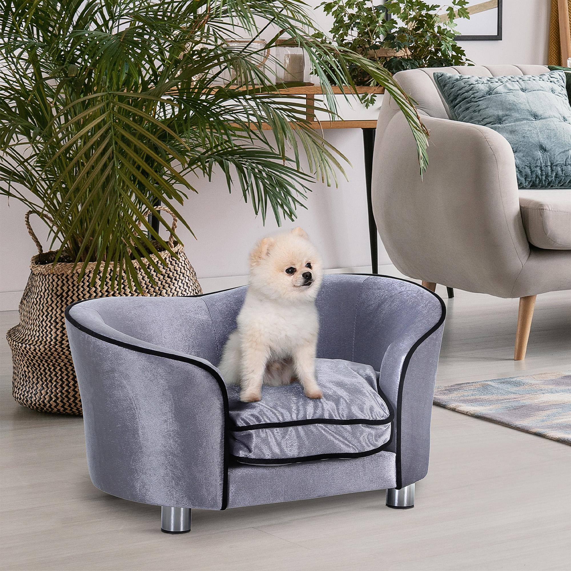 PawHut Hundesofa, Hundebett, waschbares Sitzkissen, Plüschbezug, Naturholzrahmen, hellgrau, 69 x 49 x 38cm