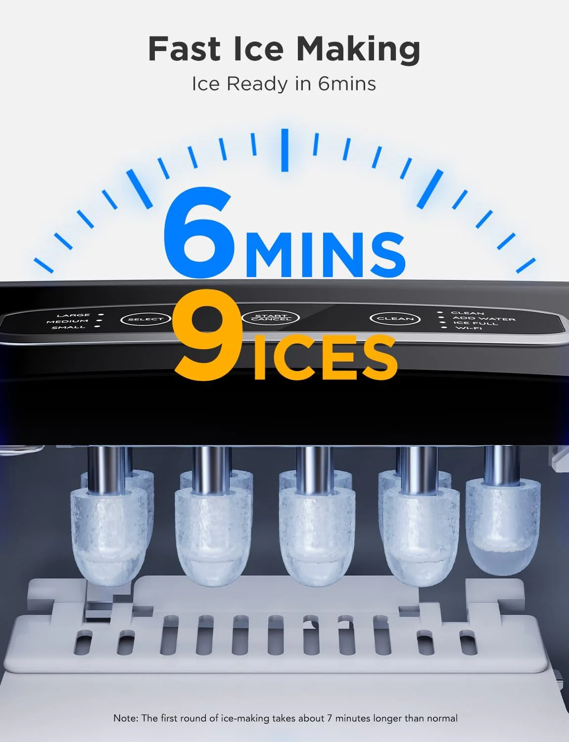 Desktop ice machine, an ice machine that can produce 26 pounds of ice per 24 hours, 6 minutes and 9 seconds, with an automatic cleaning function and controllable via an app, intelligent desktop ice machine, capable of providing two sizes of ice in th