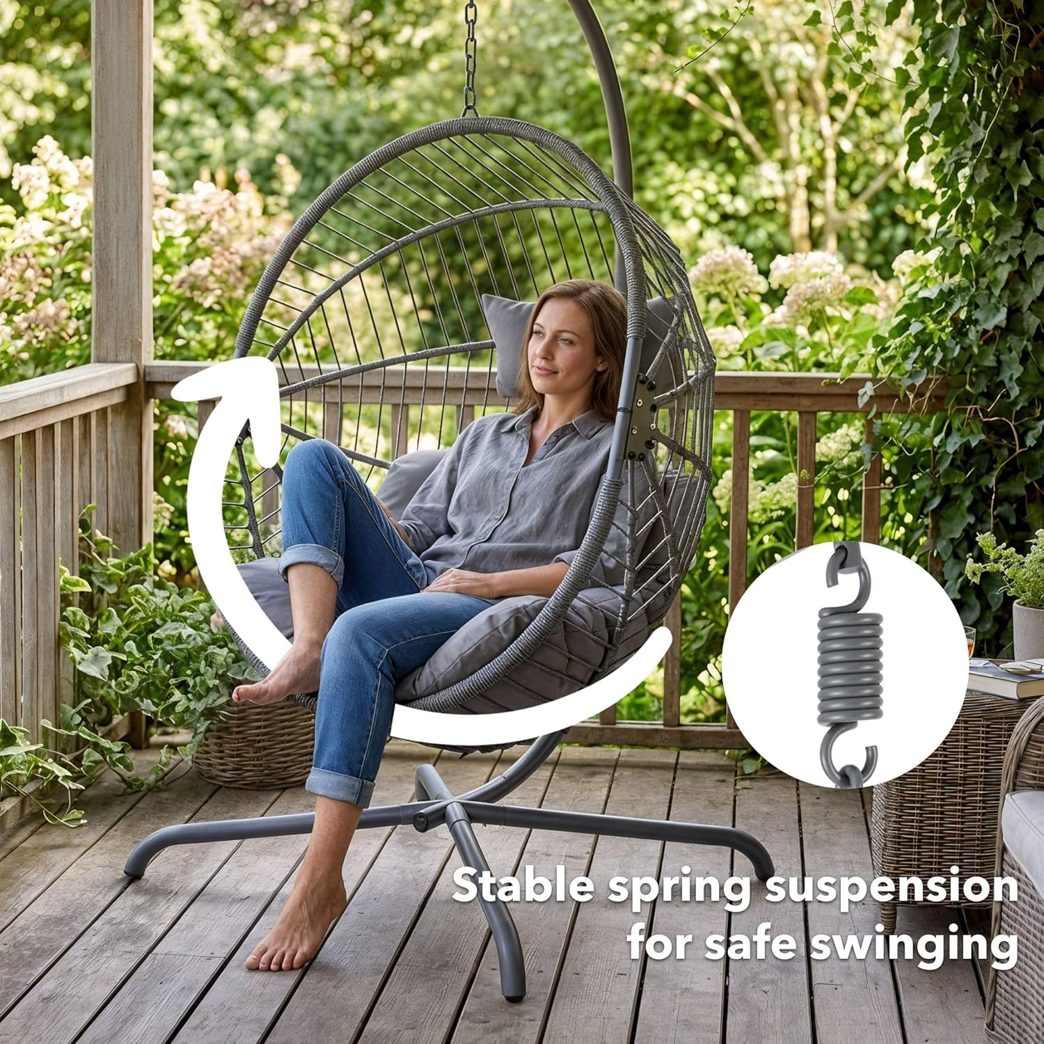 Arebos Poltrona Sospesa con Telaio | Poltrona a Uovo da Giardino e Balcone | Altezza Regolabile 160–180 cm | Telaio in Acciaio fino a 130 kg | con Cuscini Seduta e Schienale