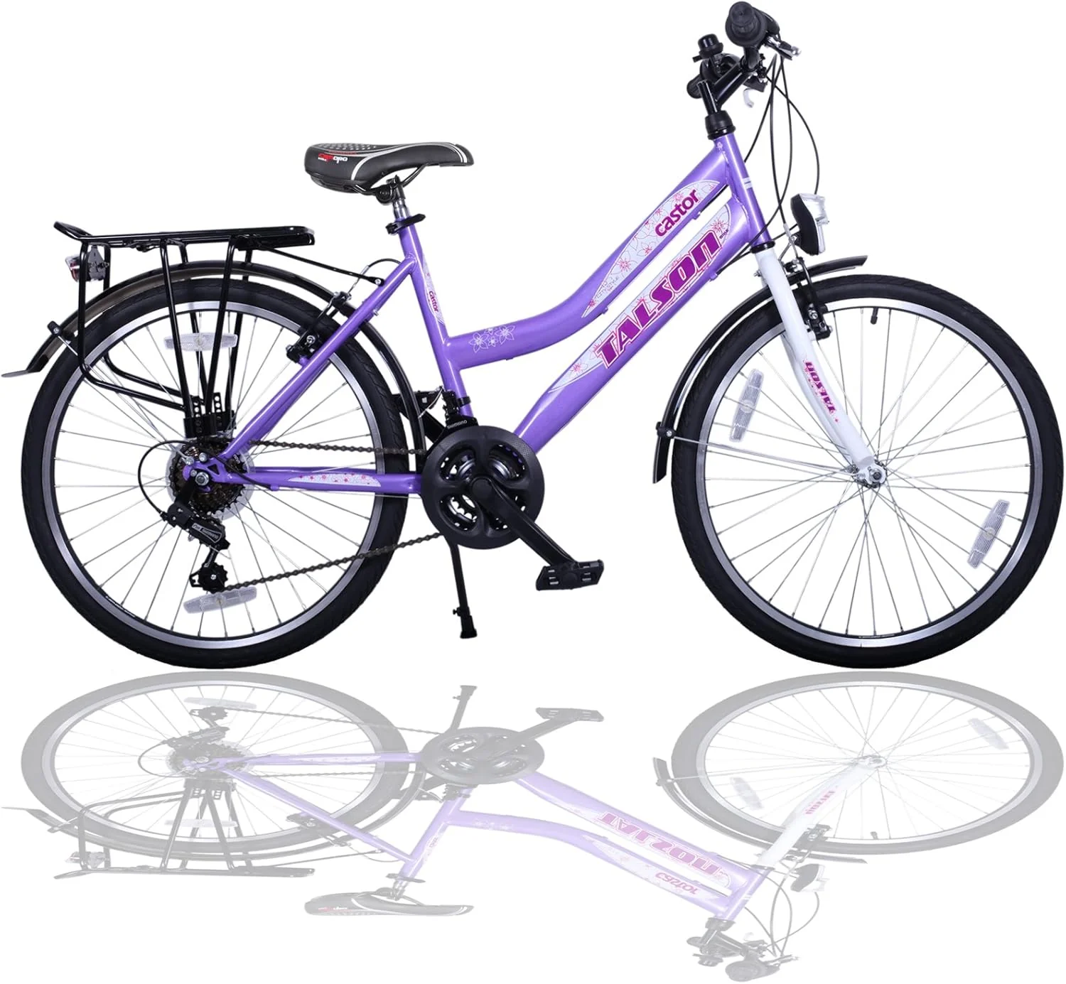 Talson 24 inch kinderfiets 21 versnellingen draaigreep schakeling paars-wit met verlichting conform STVZO