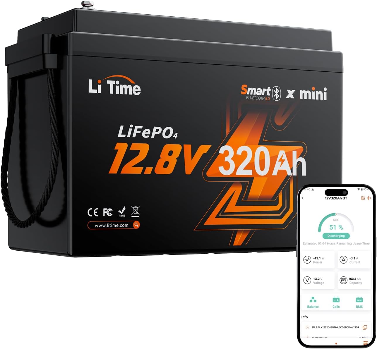 LiTime Batteria al Litio LiFePO4 12V 320Ah con Bluetooth per Camper, 4000-15000 Cicli Profondi, Energia 4096Wh, Perfetta per RV, Furgone Camperizzato, Impianti Solari, Barche, Motori Trolling
