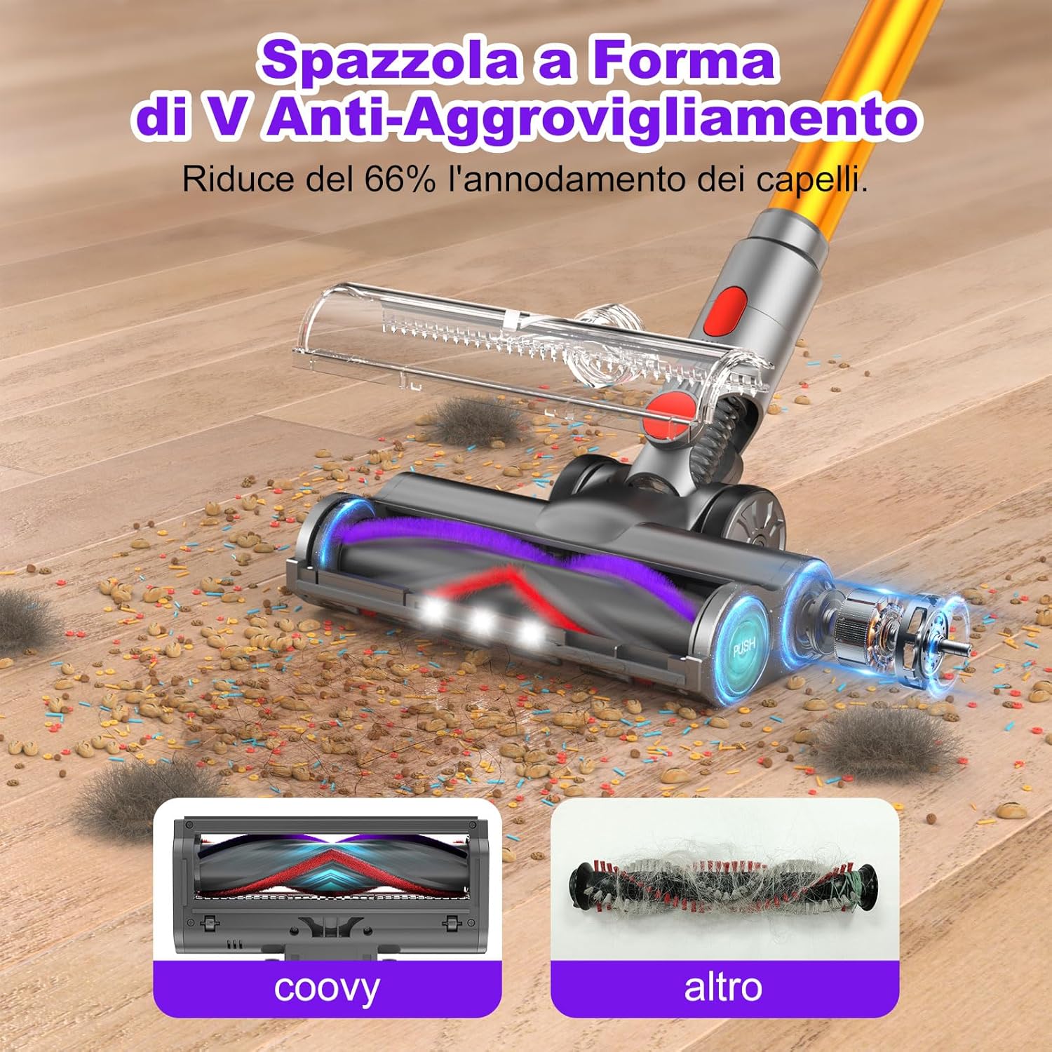 coovy 580W/55000Pa Aspirapolvere senza Fili SU7, Scopa Elettrica senza Filo Potente 75 Min Autonomia con LED Touchscreen Anti Groviglio per Tappeti Pavimento Peli Animali
