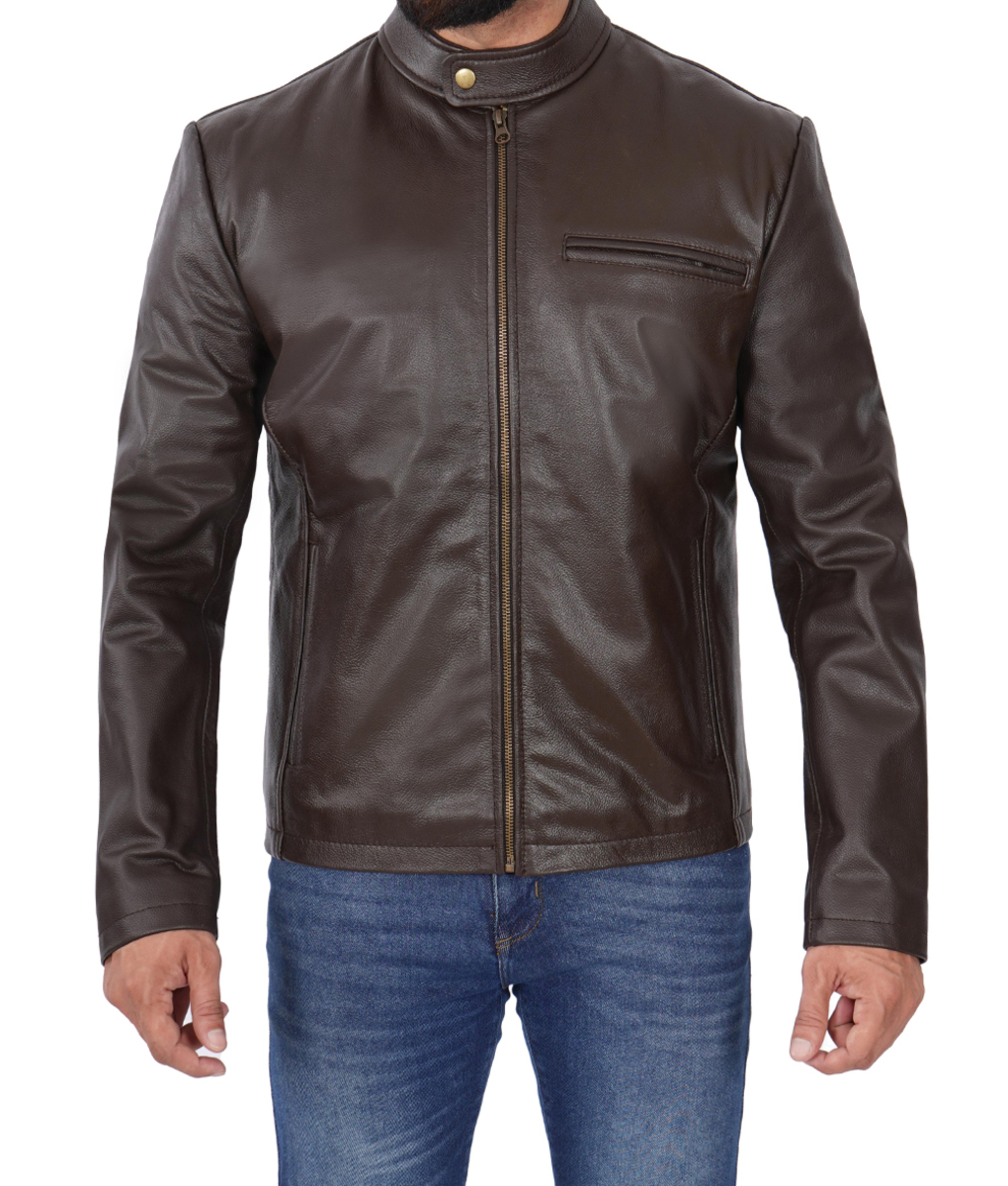 Mens Dark Brown Leather Cafe Racer Jacket