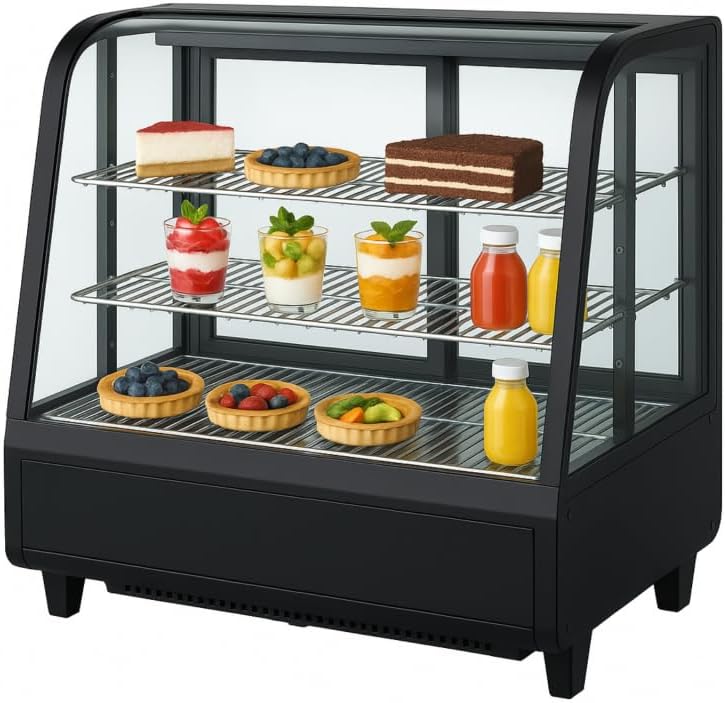 Générique Vetrina refrigerata da appoggio 100 l - nero - 0/+12 °C - Fredda ventilata - Illuminazione a LED - 2 ripiani regolabili - Doppia vetrata