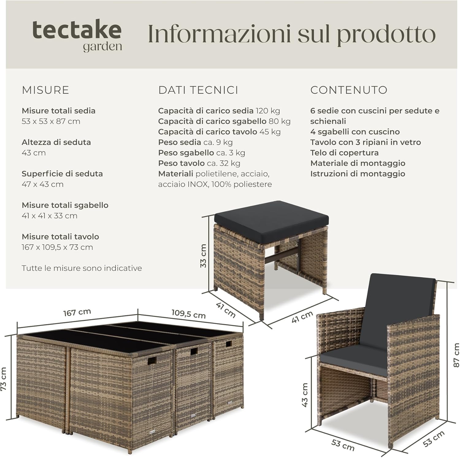 TecTake® Set in Poli Rattan, Set da Conversazione, Arredamento Giardino Elegante, 6 Sedie da Esterno, 1 Tavolo in Vetro, 4 Sgabelli, Ideale per Balcone, Giardino e Terrazzo - Naturale