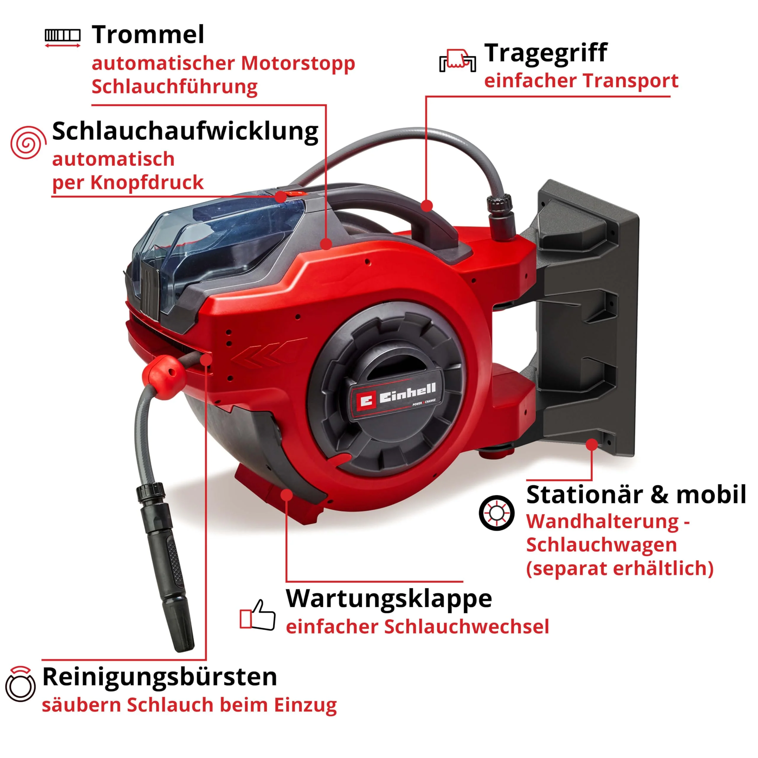 2025 Einhell Accu Slanghaspel GE-HR 18/30 Li-Solo Power X-Change (18 V, automatische slangopwikkeling, tot 180�� draaibaar, wandhouder, 30 m tuinslang & sproeier, zonder accu)