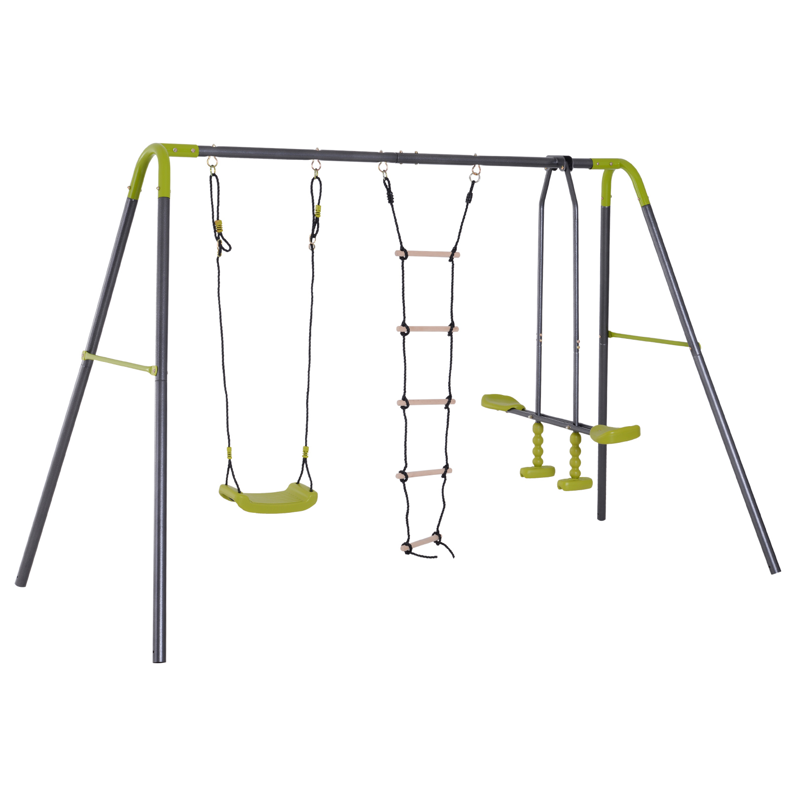 HOMCOM Kinderschaukel Gartenschaukel Schaukelgerüst Schaukelset mit Metallgestell Kletterseilleiter Wippe 3-10 Jahre bis 3 Kinder