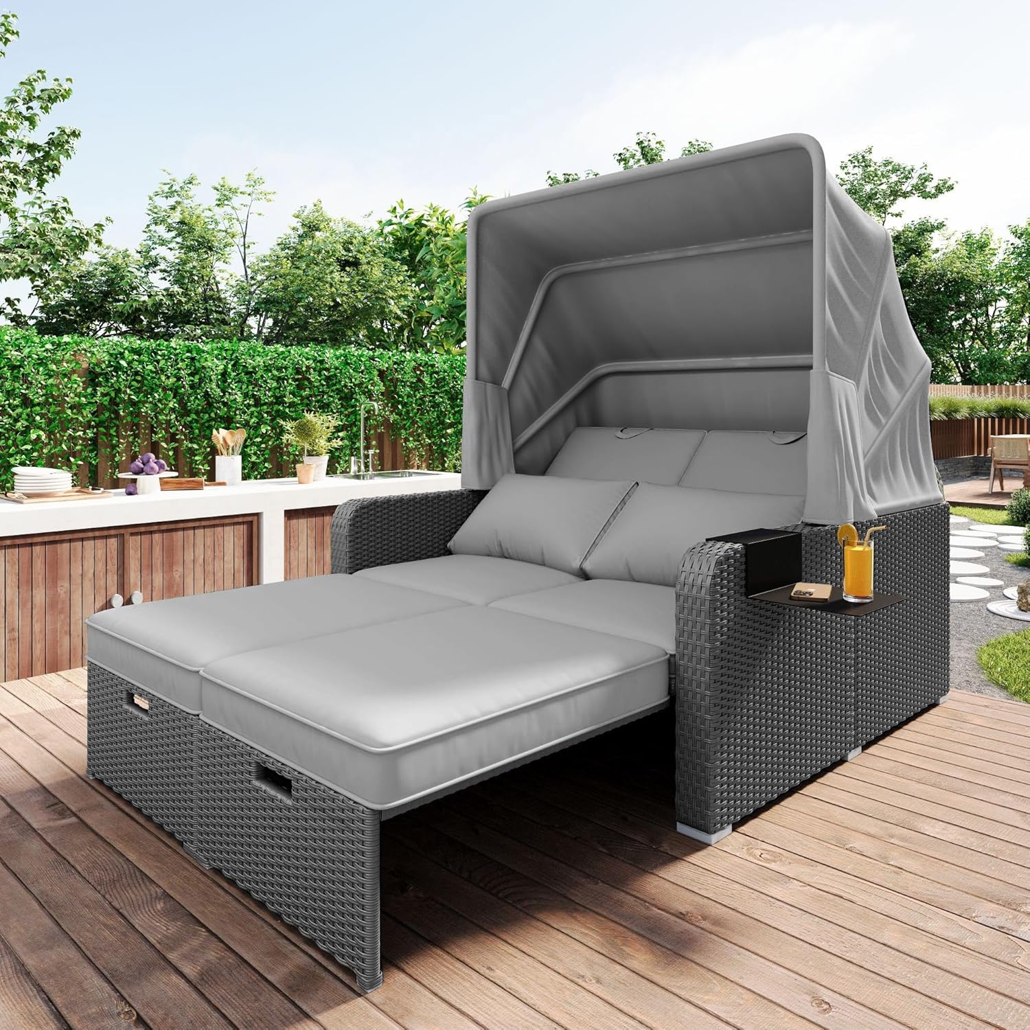 Polyrattan Gartenmöbel für 2 Personen, Gartensofa, Loungesofa, Abnehmbare Markise, Polyrattan und Schwamm, Gray