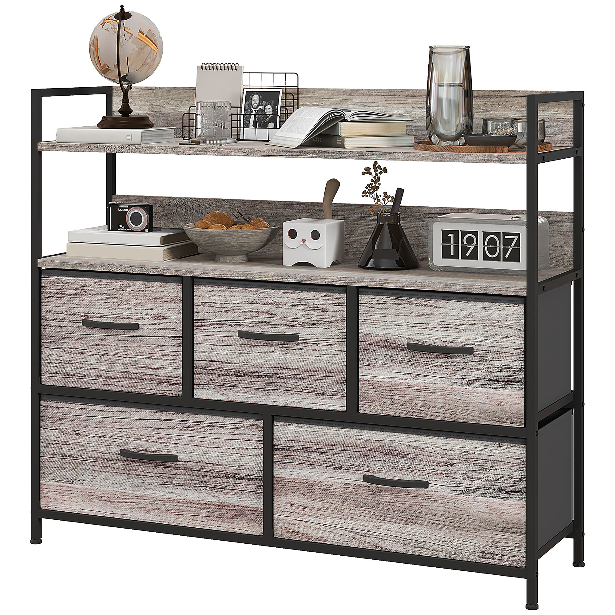 HOMCOM Stoff-Kommode, 5 faltbare Schubladen, 2 Regale, Stahlrahmen, 98 x 29 x 85 cm, Grau