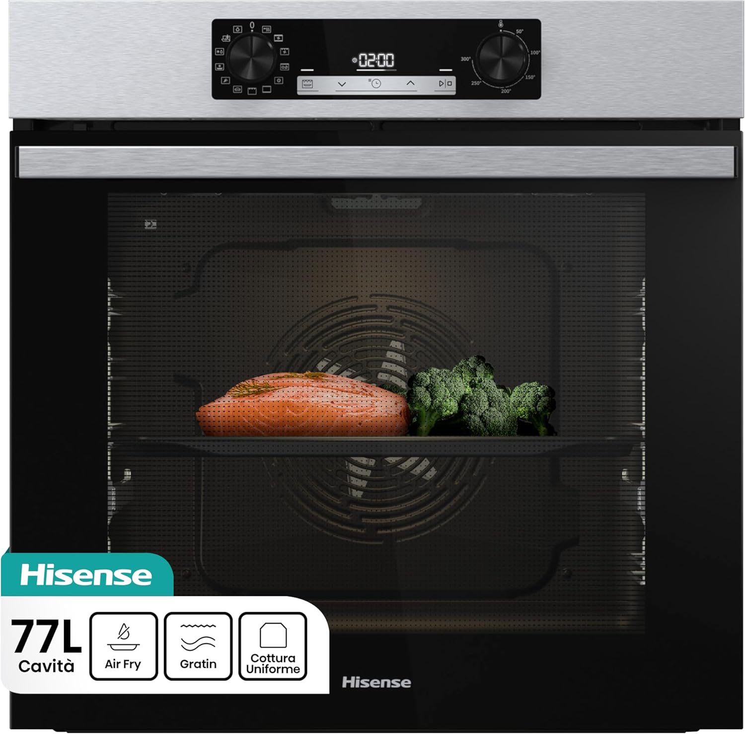 Hisense BI61111AX Multifunctional Fan Oven XXL Cavity 77L, 12 Functions, Clean Water Cleaning, Class A, Finish Cooking Timer, Quick Preheating, Pizza Function 300掳C, AirFry Cooking