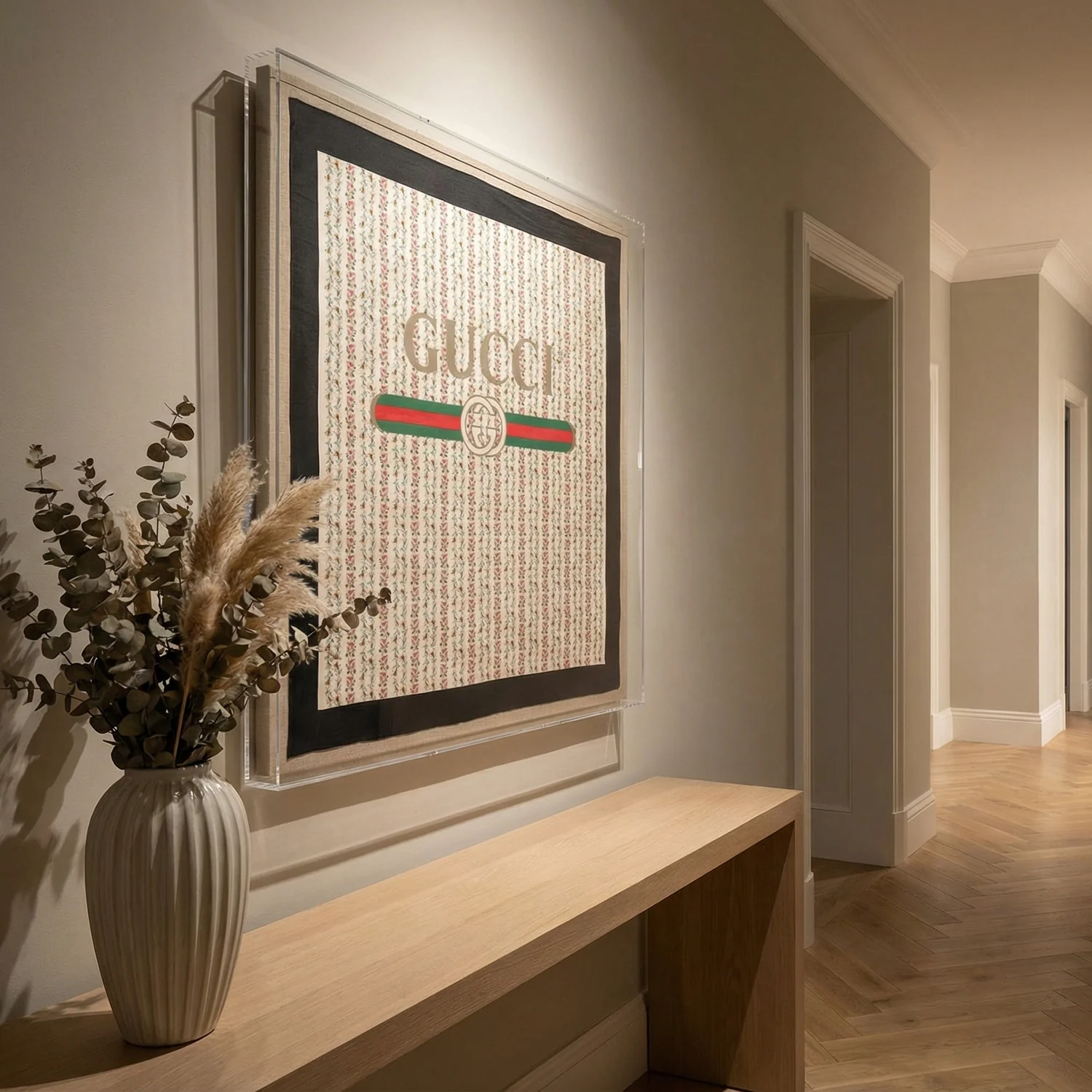 Framed Gucci Logo on Floral Scarf in a 36x36x2 Shadowbox