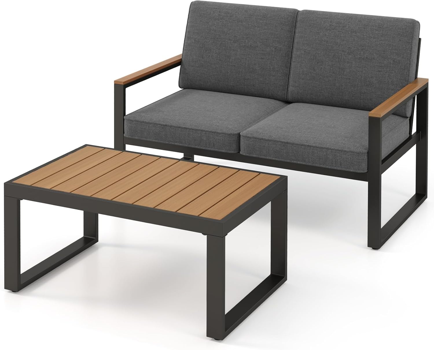 GIANTEX Set di mobili da giardino da balcone, resistente alle intemperie, con telaio in alluminio, set da 2 posti, divano e tavolino da caffè, con cuscino, set da balcone per 2 persone, set da