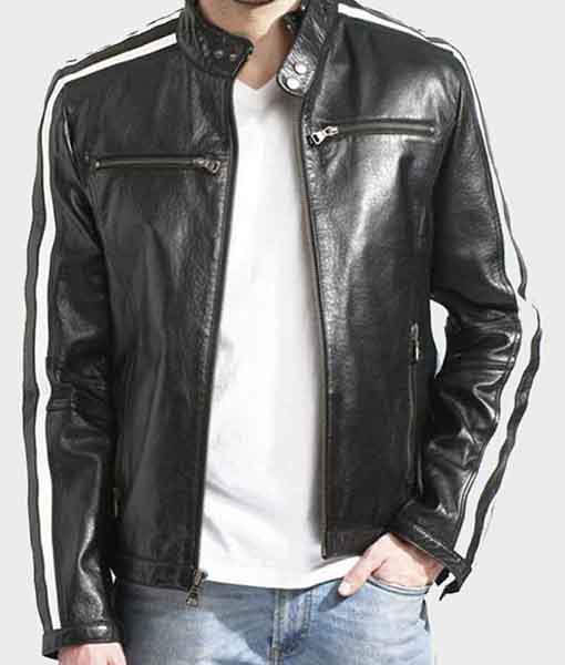 Men’s White Stripe Black Biker Cafe Racer Leather Jacket