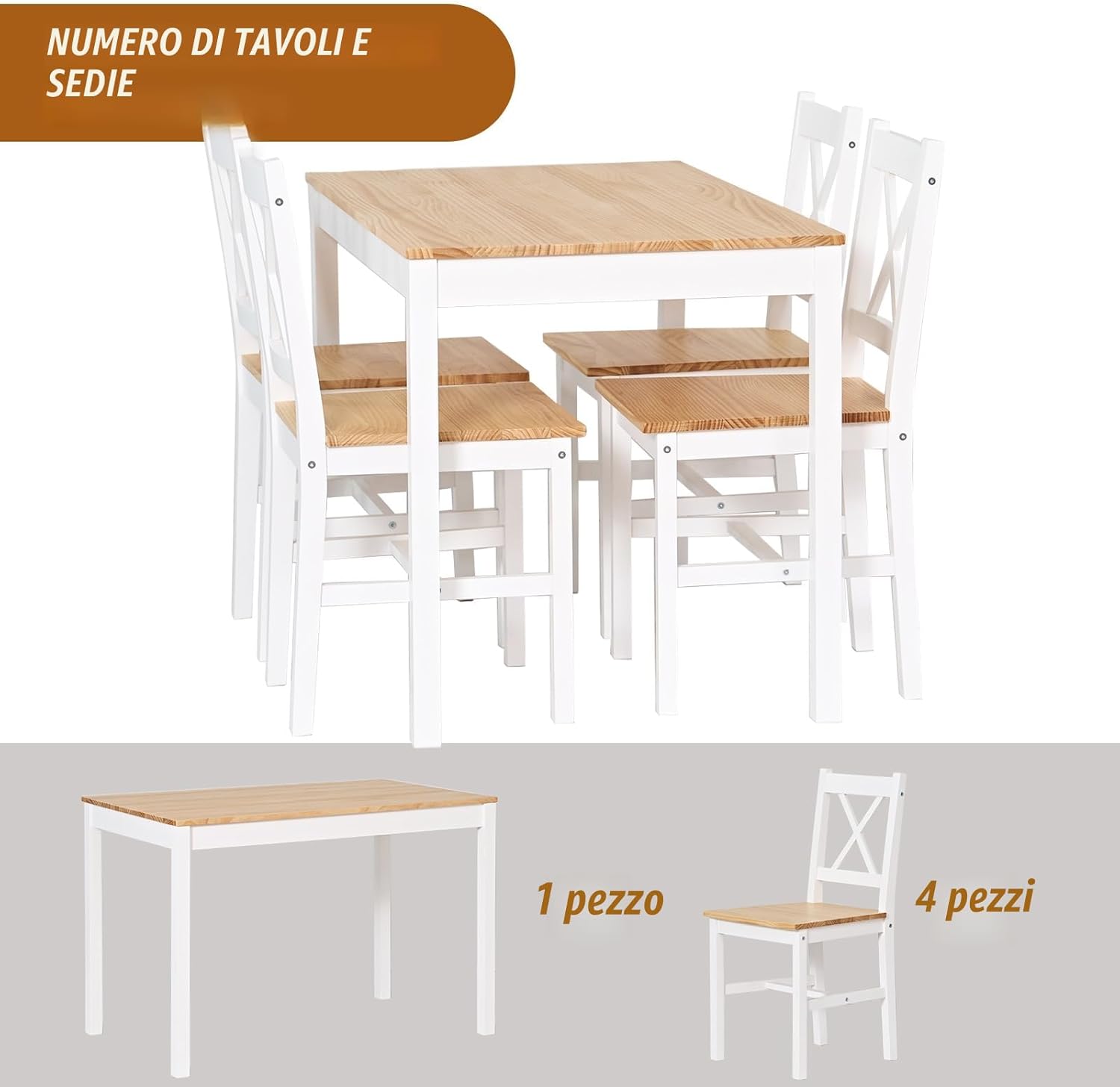 DlandHome Set di 5 pezzi tavolo da pranzo con 4 sedie, set di mobili da cucina in legno di pino teak/bianco
