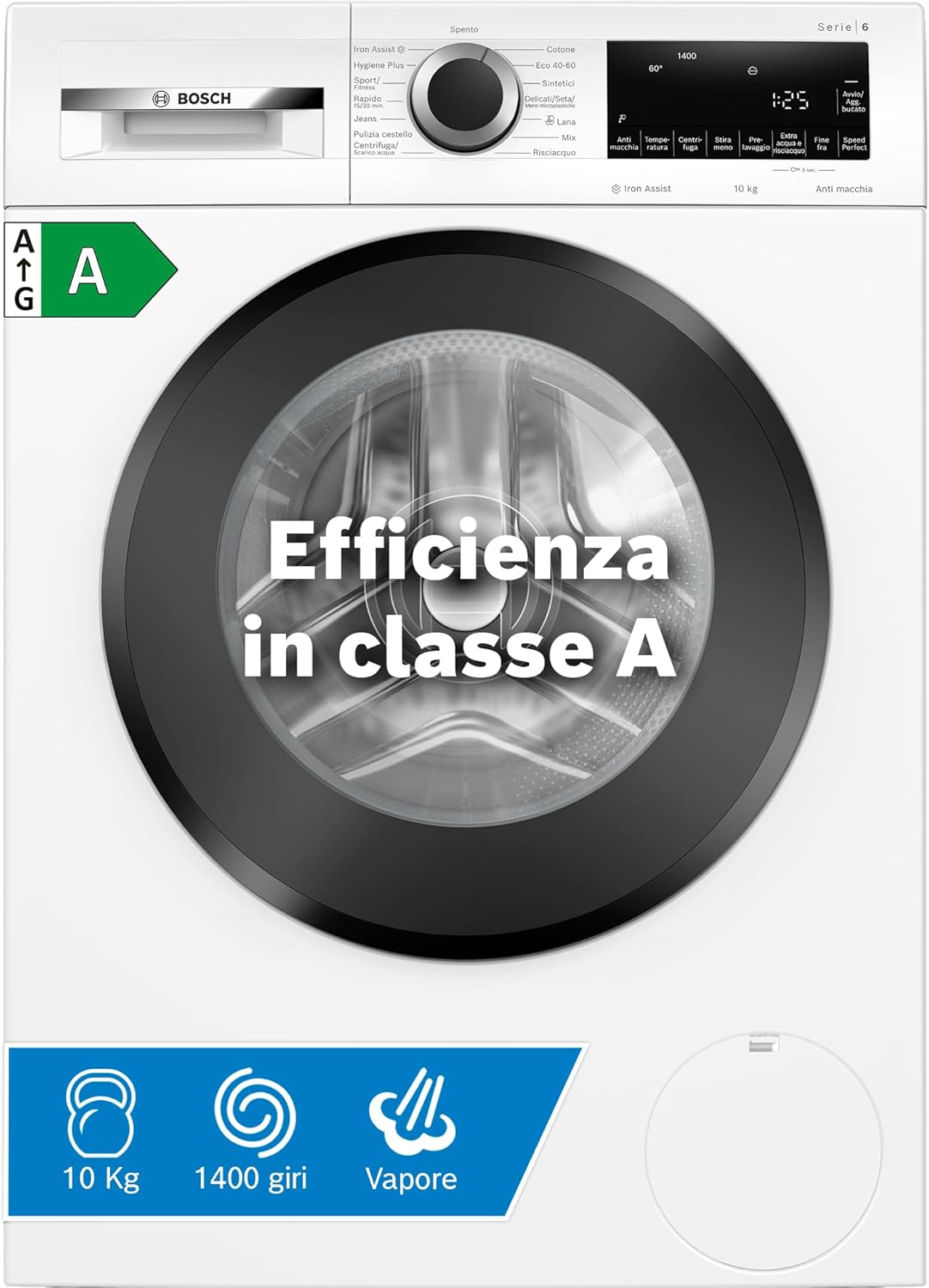 Bosch WGE03200IT Serie 2 Lavatrice a carica frontale, 8 kg, 1200 giri, Classe energetica A, motore inverter con 10 anni di garanzia, Lavaggio igienico anche a 40 °C, Bianco, 60 Cm