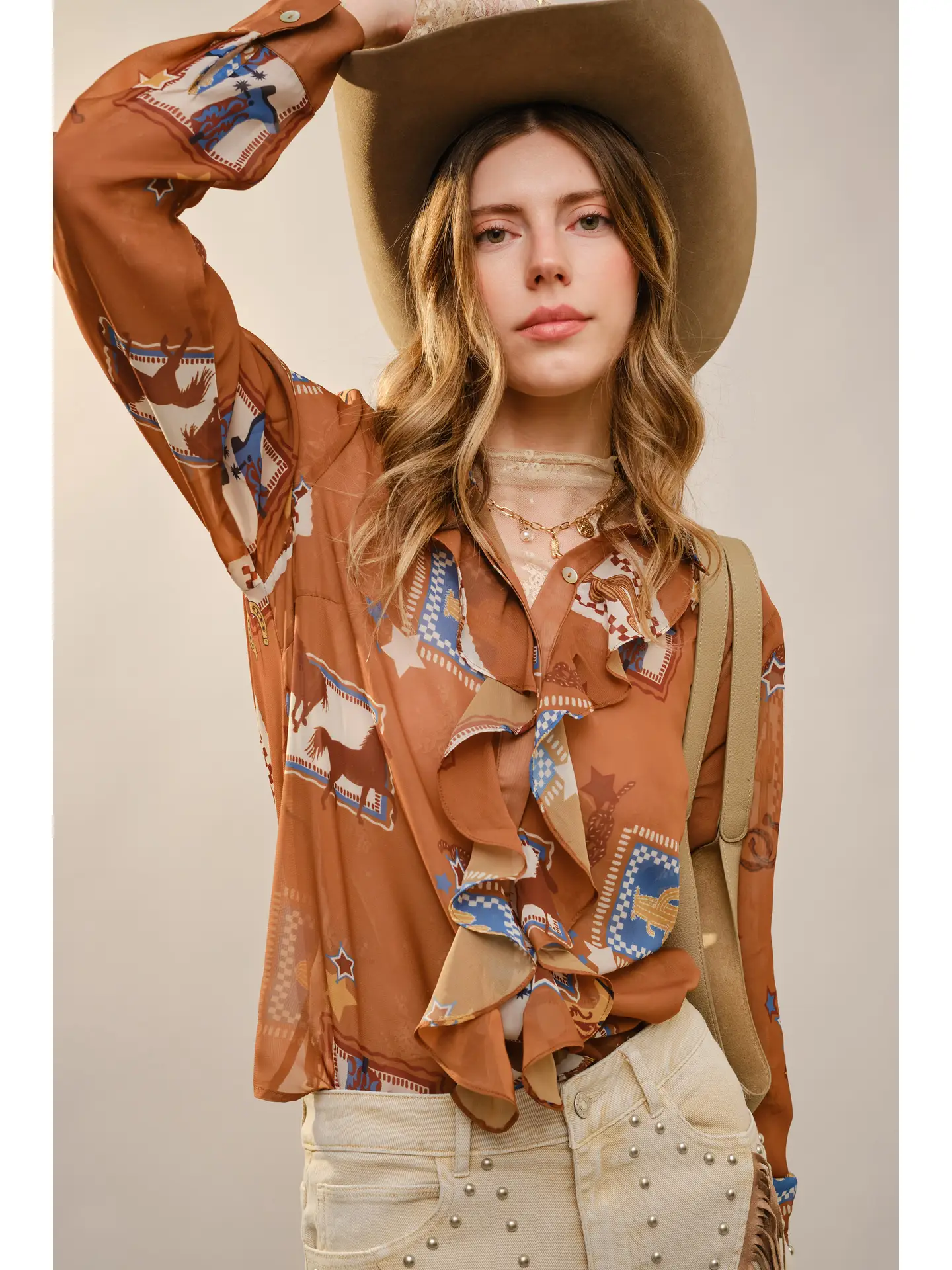 Western Print Ruffle Sheer Blouse