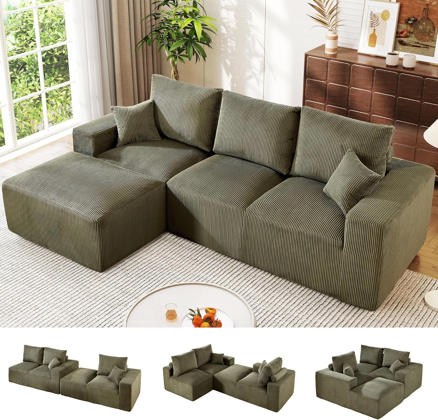 108 Inch Corduroy Cloud Sectional Sofa with Chaise Green