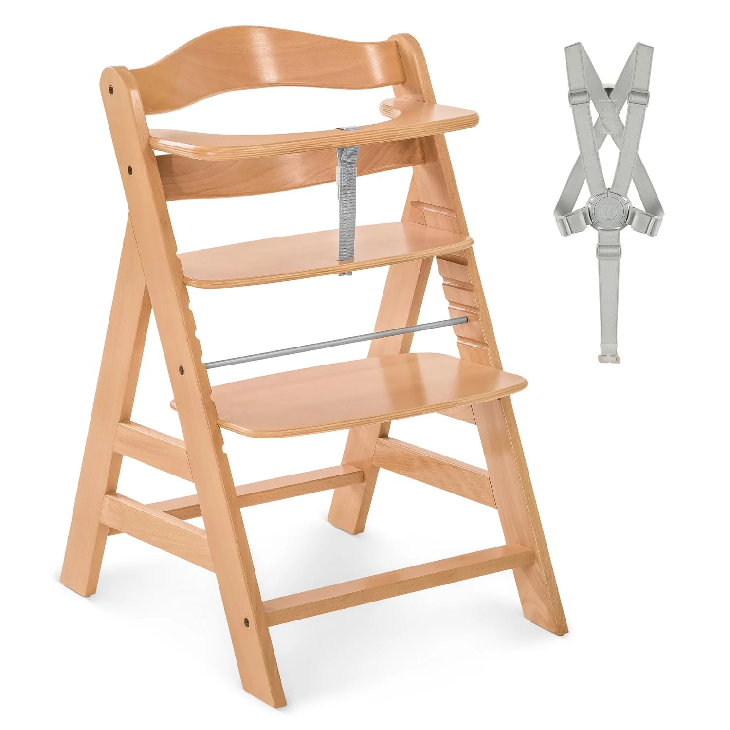 hauck Alpha Plus Hochstuhl aus Holz, mitwachsender Kinderhochstuhl mit 5-Punkt-Gurt und Schutzbügel