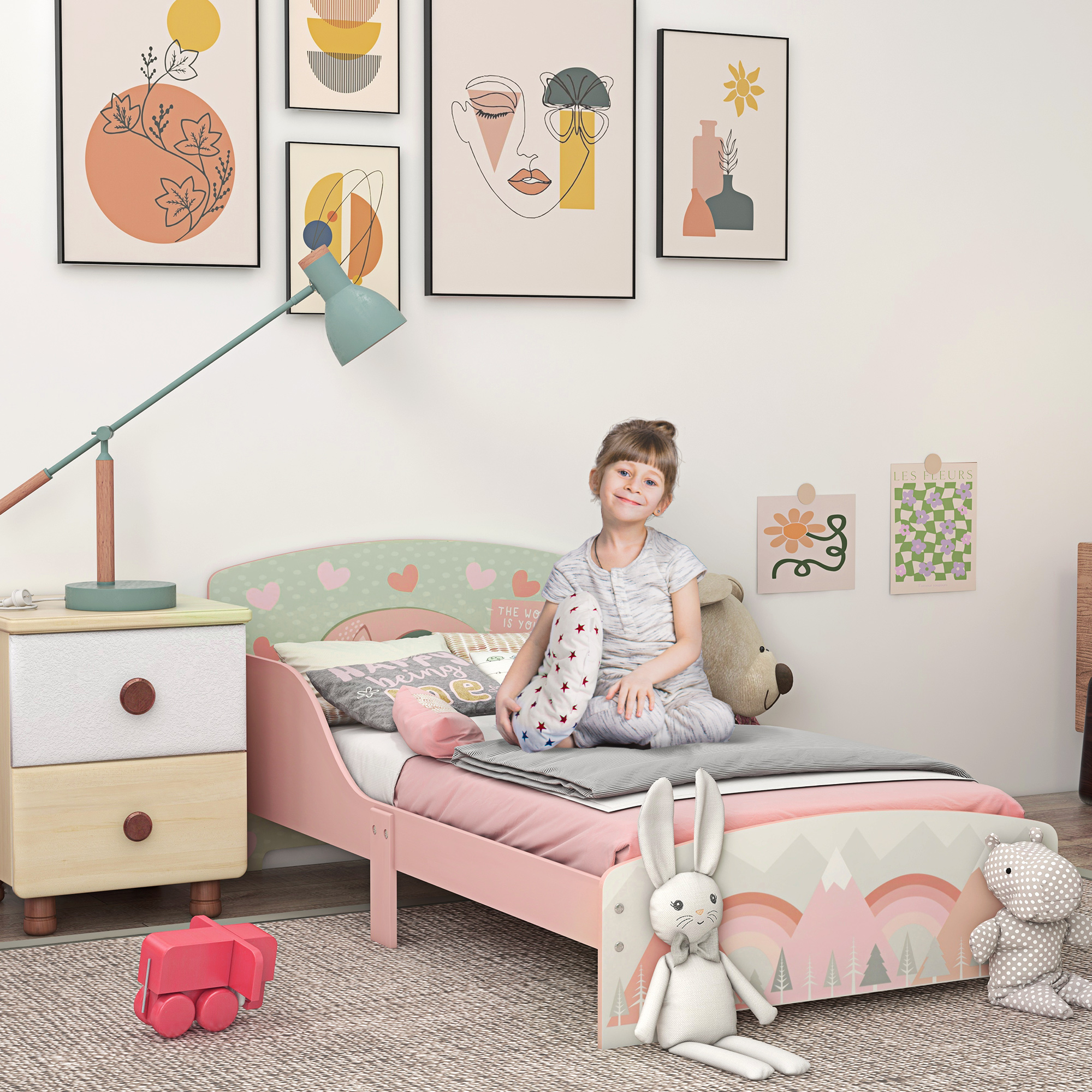 ZONEKIZ Kinderbett 3-6 Jahre mit Sicherheitsbarrieren und Mustern Abmessungen 77 x 143 x 60 cm Lattenrost inklusive - rosa