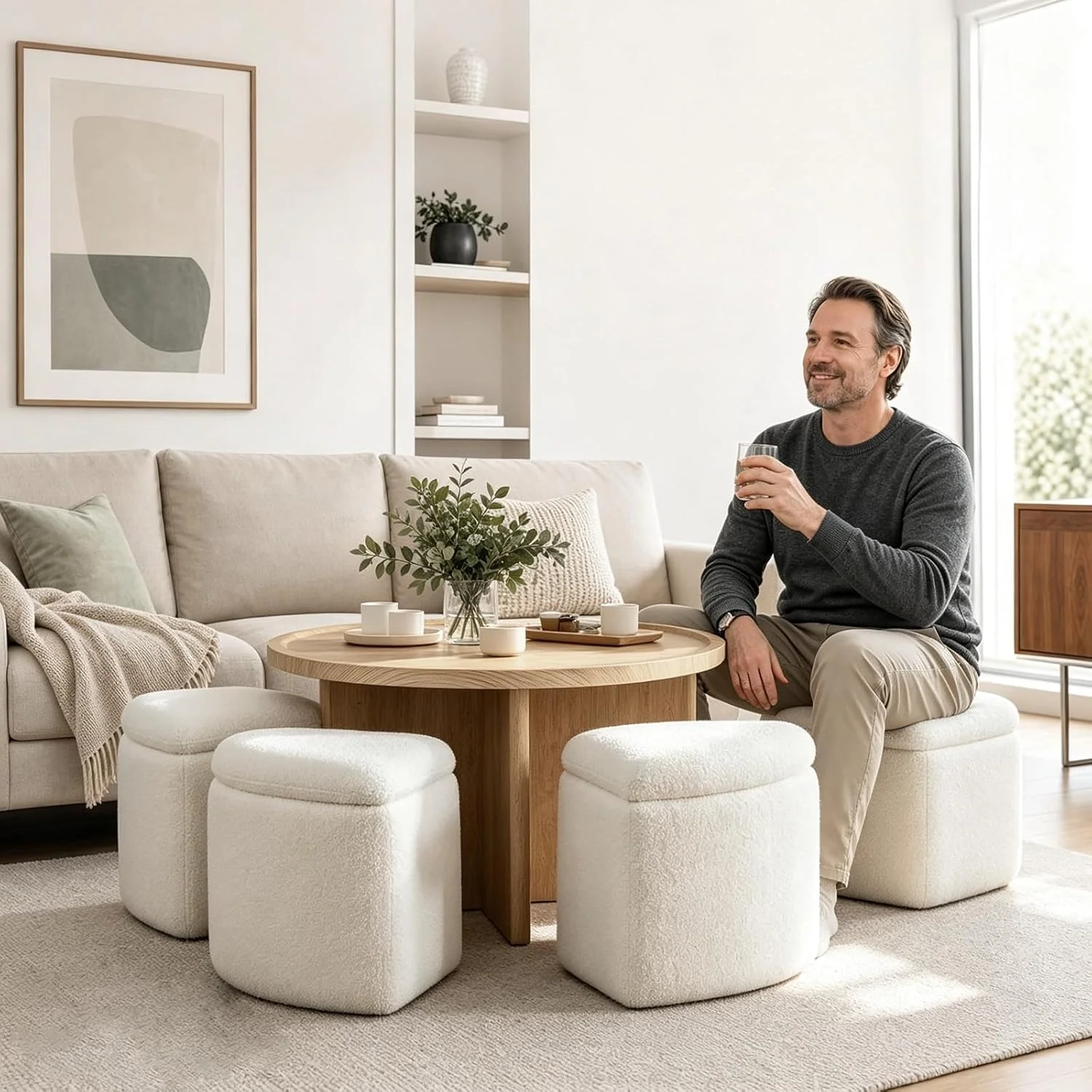 Runder Couchtisch mit 4 Hockern & Stauraum, 80 cm, platzsparend