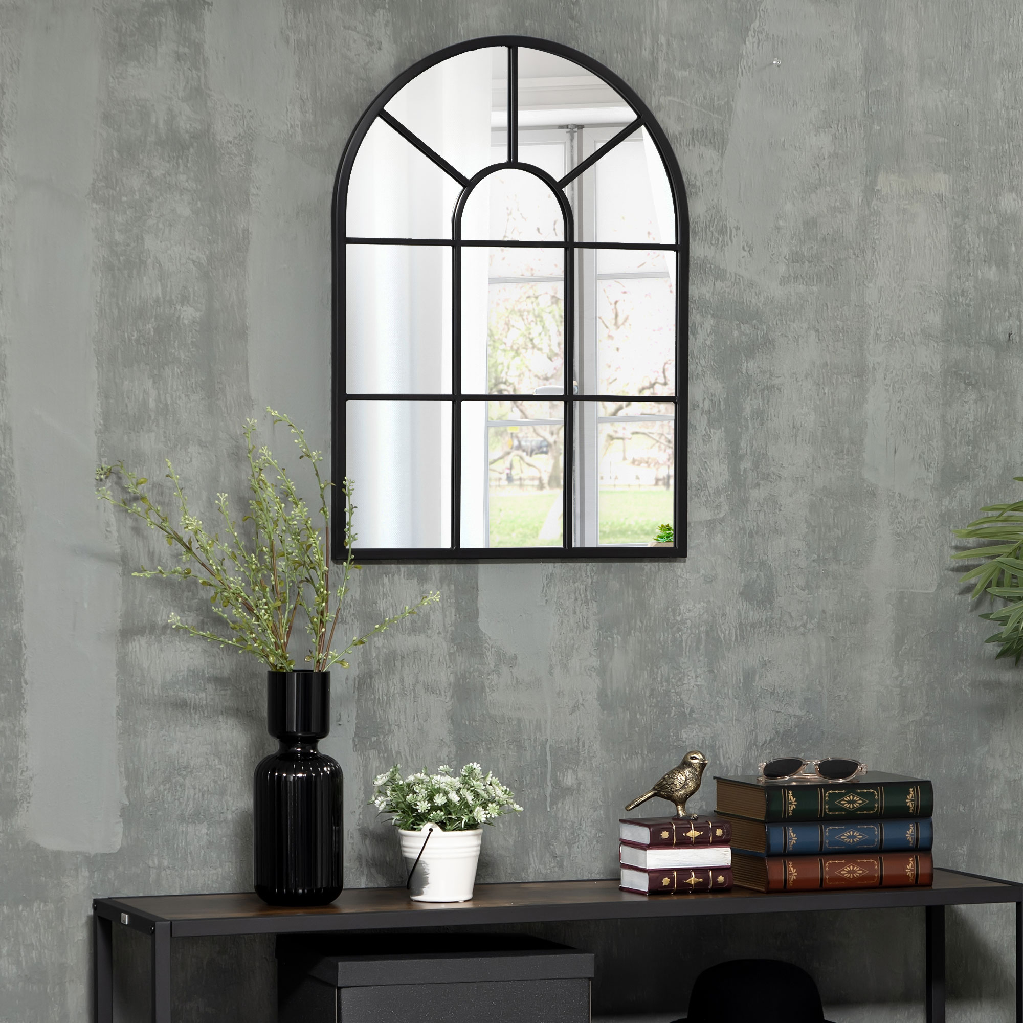 HOMCOM Wandspiegel, Fenster-Design, Flurspiegel, Metallrahmen, 70x50 cm, Schwarz