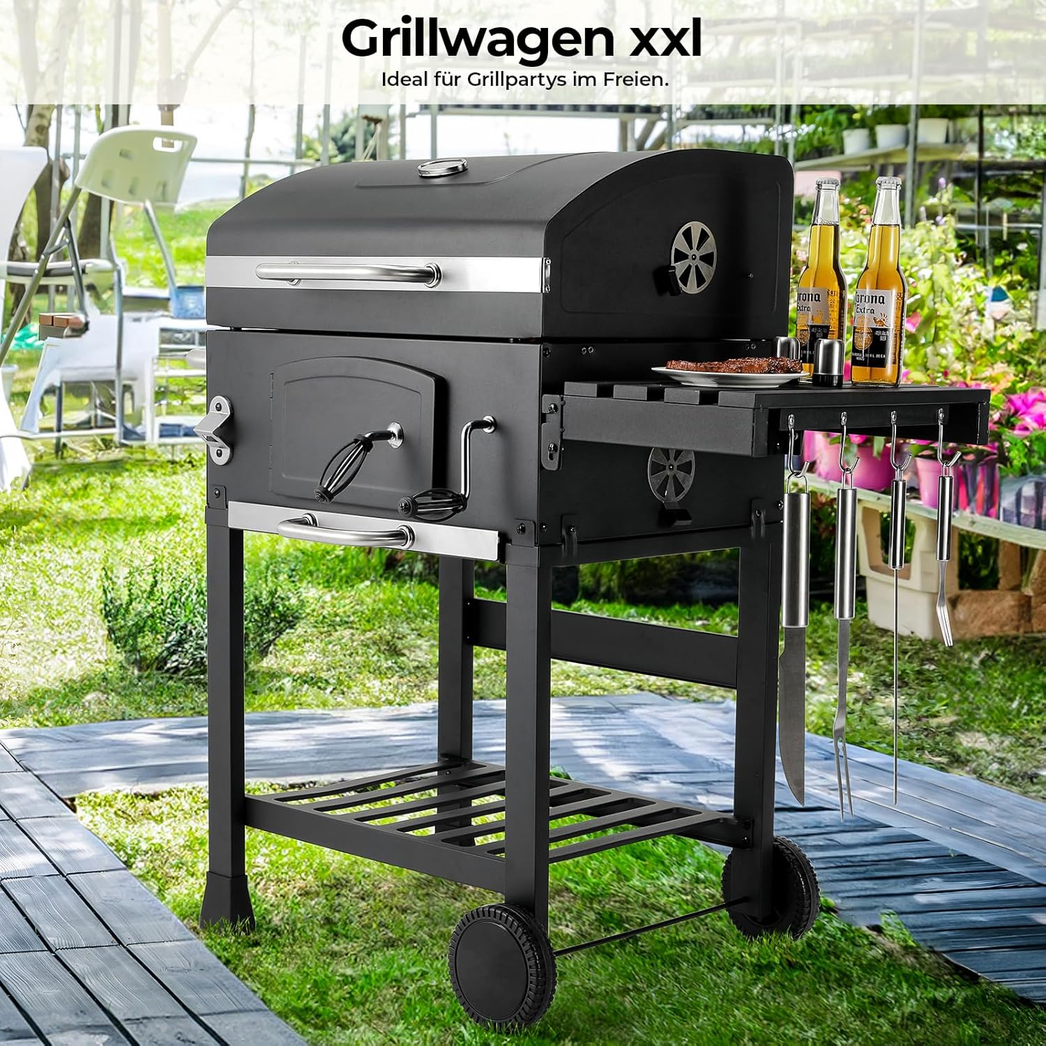 Barbacoa de Carbon XXL, Parrilla de Carbón con Chimenea y Tapa, Parrilla con Carrito BBQ Smoker con Ruedas y Termómetro, Grande BBQ Carbon para Camping y Jardín