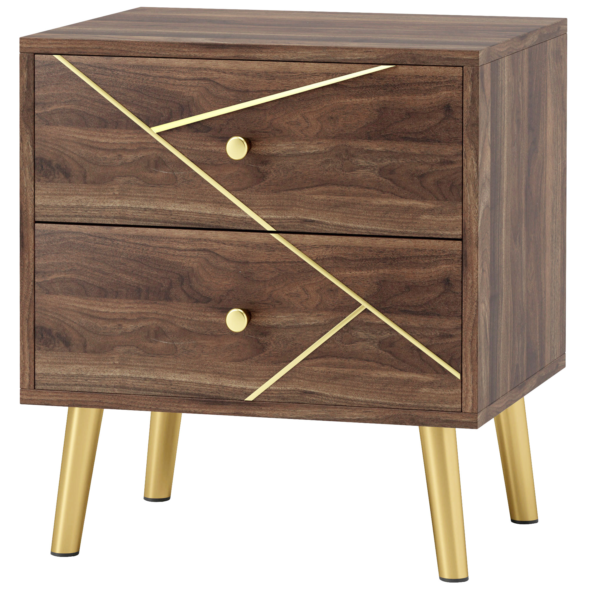 HOMCOM Nachttisch Beistelltisch mit 2 Schubladen goldene Griffe Stahlbeine 45 x 35 x 50 cm braune Holzmaserung