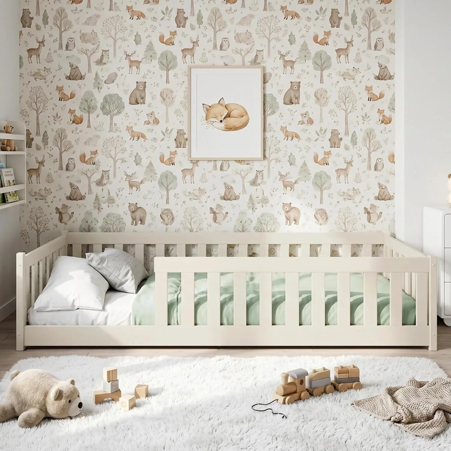 Kids Collective Kinderbett Bodenbett 90x200 cm mit Rausfallschutz & Lattenrost Montessori Bett Bed Gitterbett Kinder Jugendbett Einzelbett