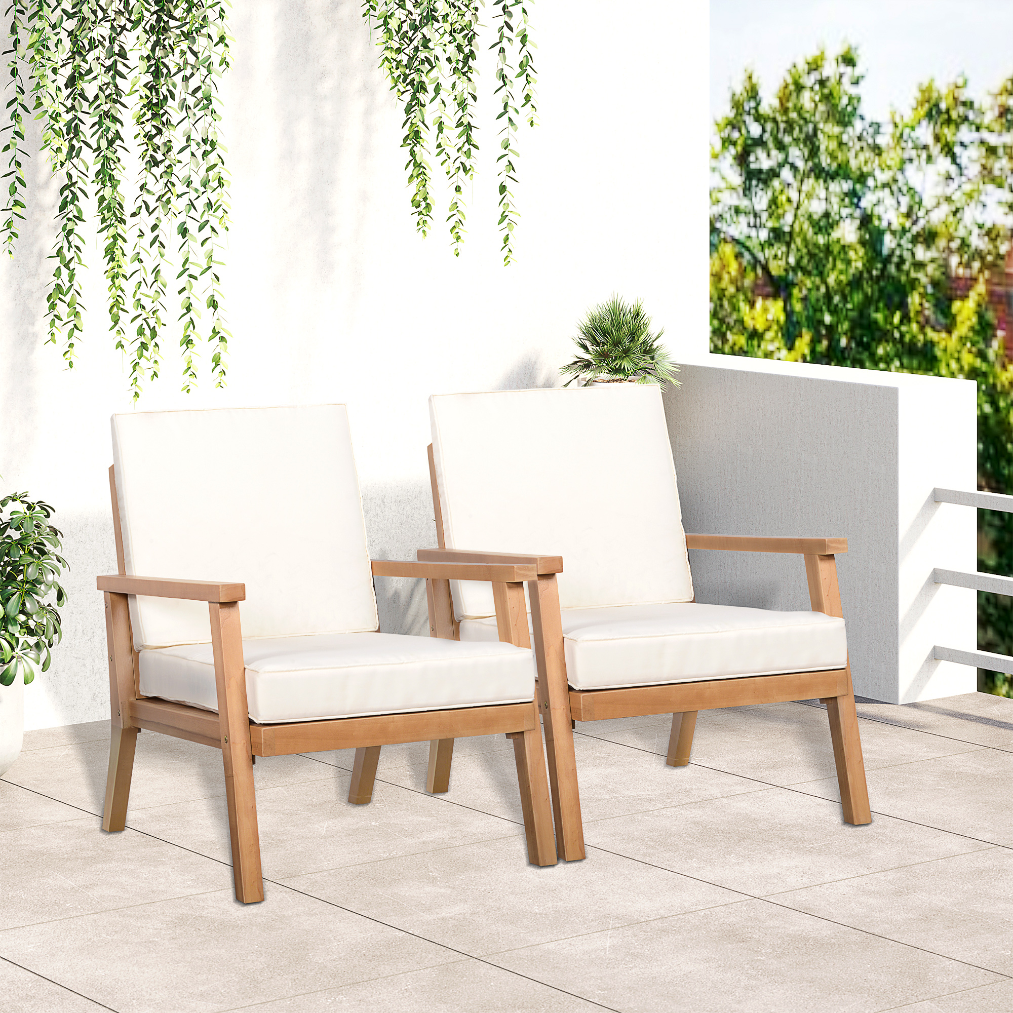 2 tuinstoelen van natuurlijk hout, met zitkussens, bruin+beige, 66 x 77,5 x 74,5 cm (per stoel)