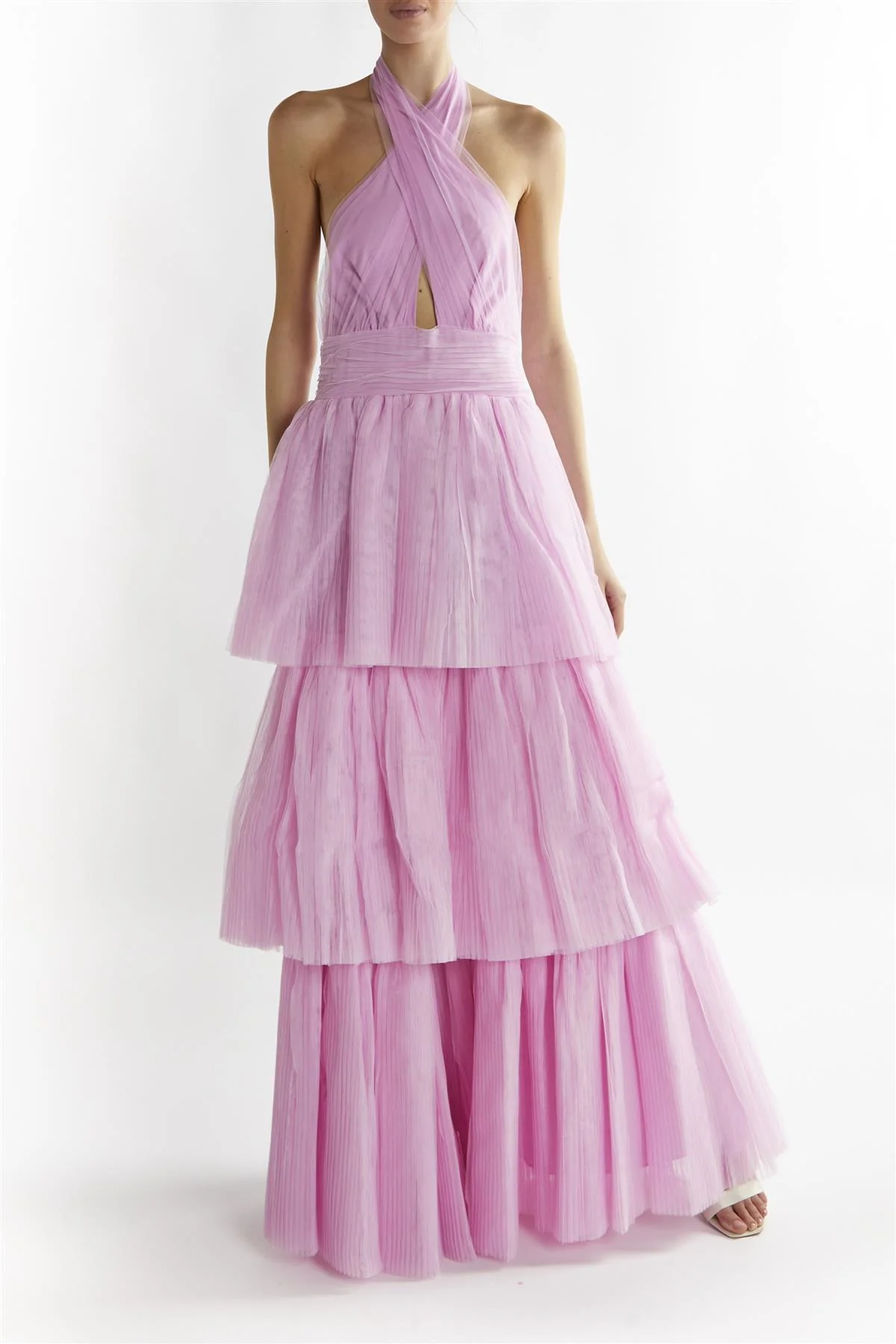 Luciana Candy Pink Halter Neck Tiered Maxi Dress