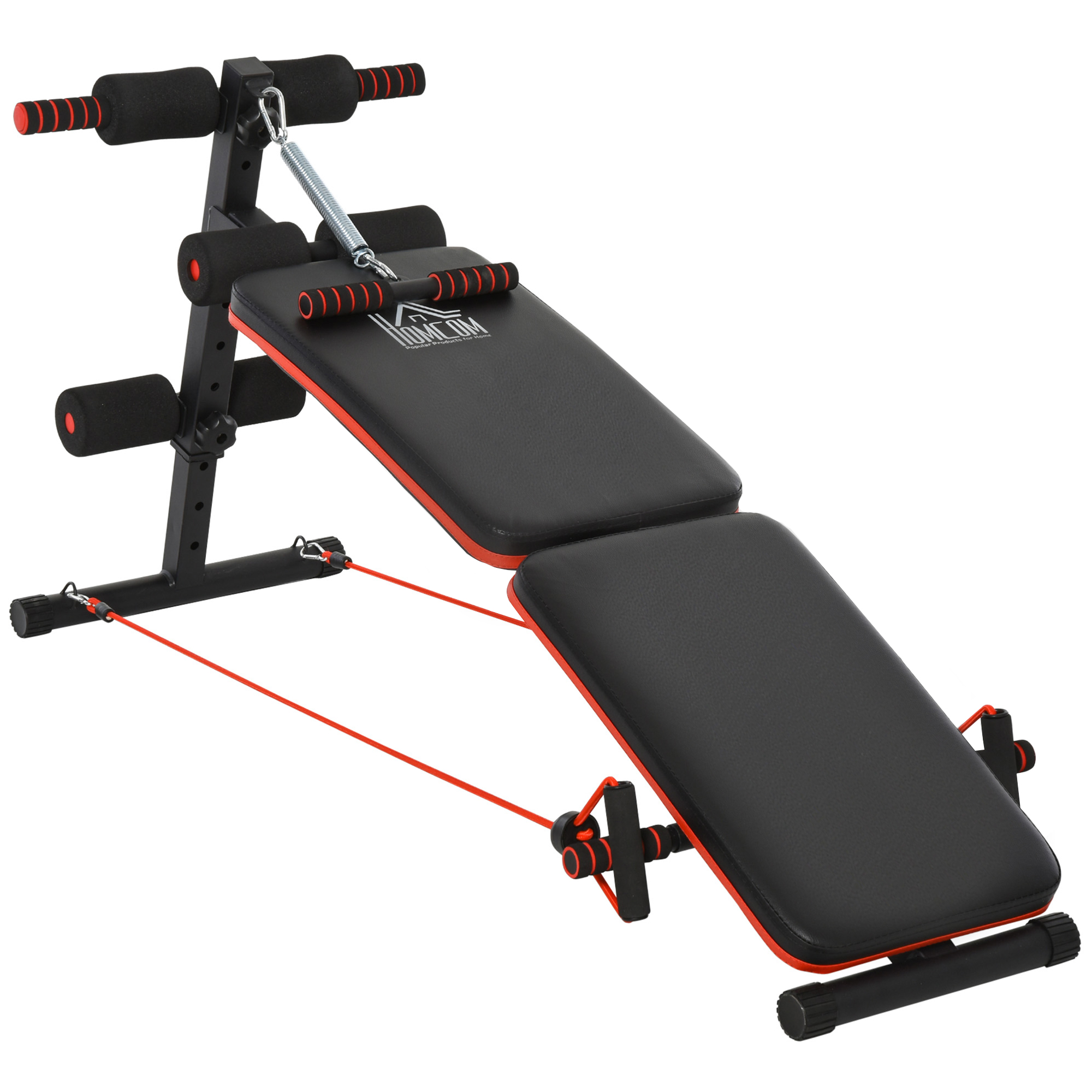 HOMCOM Sit Up Bank Bauchtrainer mit Trainingsseile Trainingsbank Multifunktion Verstellbar&klappbar 110 kg Belastbarkeit Stahl Schwarz+Rot 137 x 51 x 50-66 cm