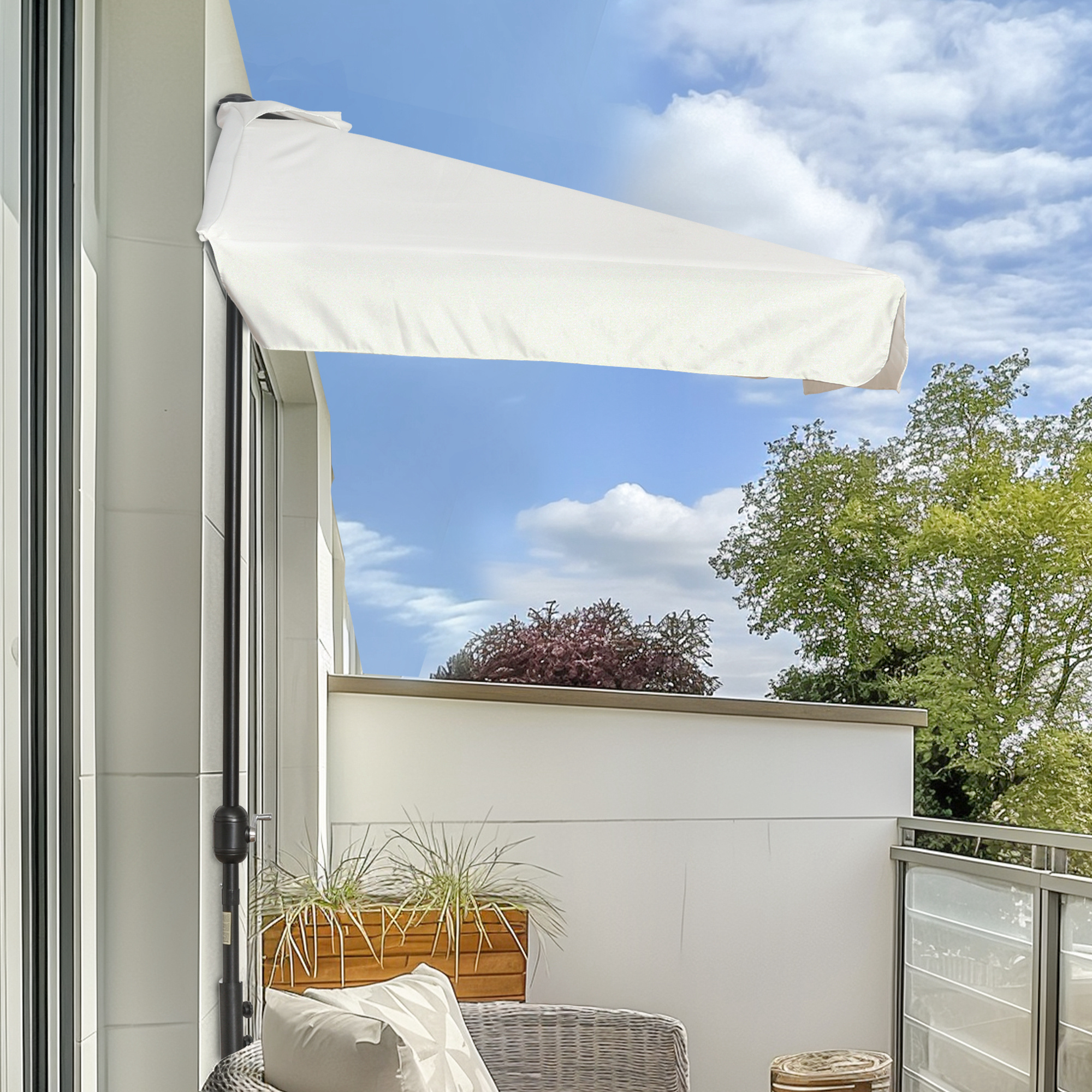 Outsunny Halber Sonnenschirm Balkonsonnenschirm 5 Metallstreben Belüftungsschlot inklusive 2,3 x 1,3 x 2,49 m hochdichtes Polyester Creme