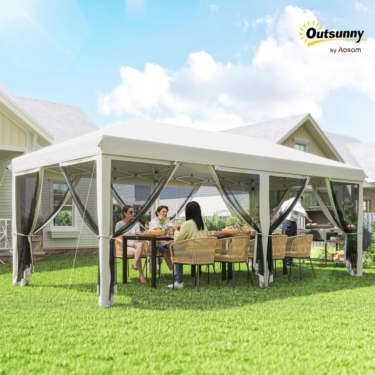 Outsunny 6 x 3 Folding Pop Up Gazebo with 6 Removable Mosquito Nets, Adjustable Height and Carry Bag, Steel and Oxford Fabric Outdoor Gazebo for Garden, Parties, Camping, Cream