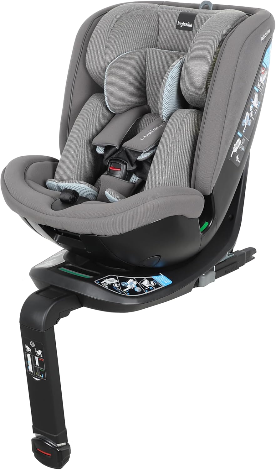 Inglesina Halley Pro, Grey, Seggiolino Auto Rotante 360° ISOFIX, da 0 a 12 Anni (40-150 cm), Reclinabile e Traspirante, Omologato ECE R129/03