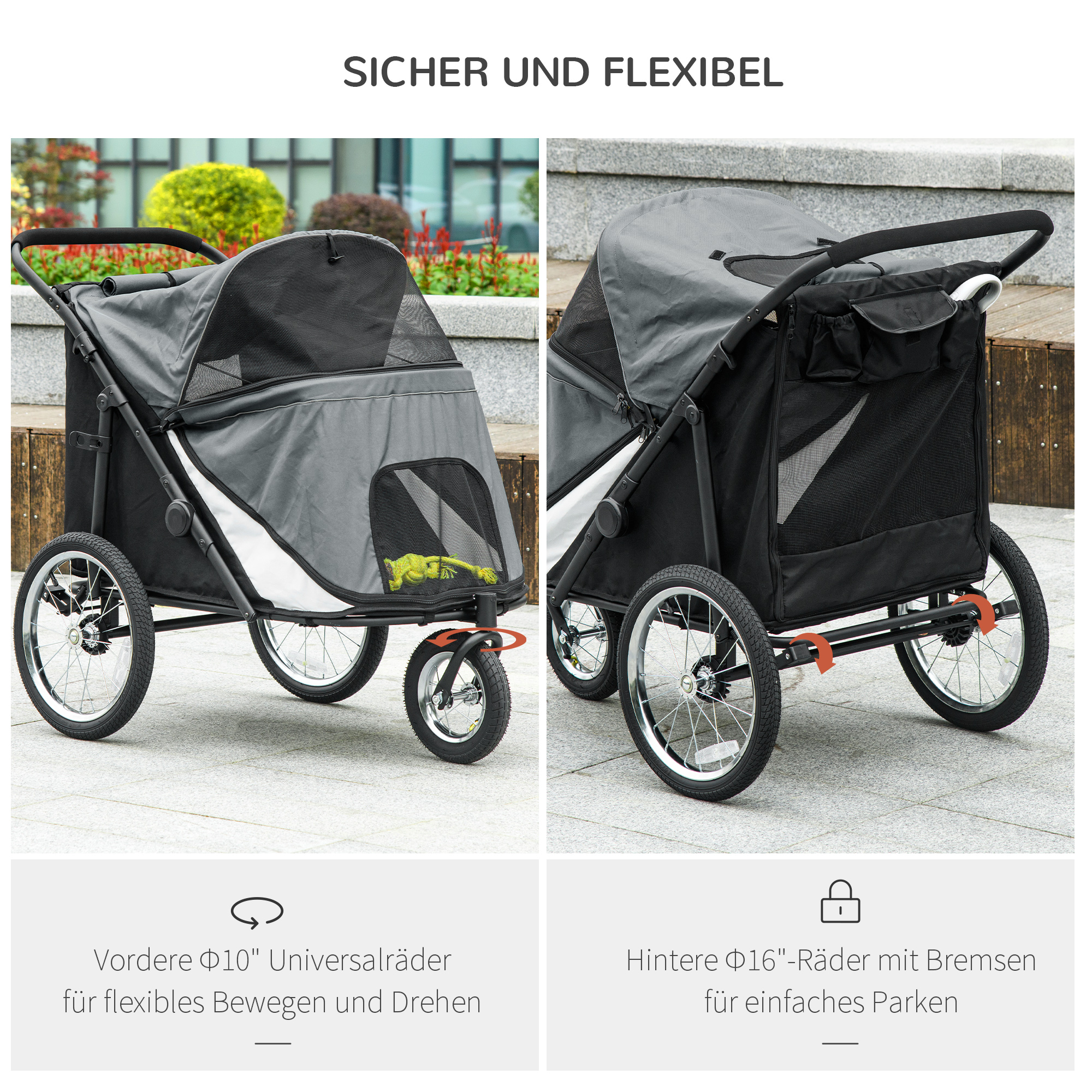PawHut Hondenbuggy, opvouwbaar, opklapbaar, Ligkussen, Stalen frame, Grijs/Zwart