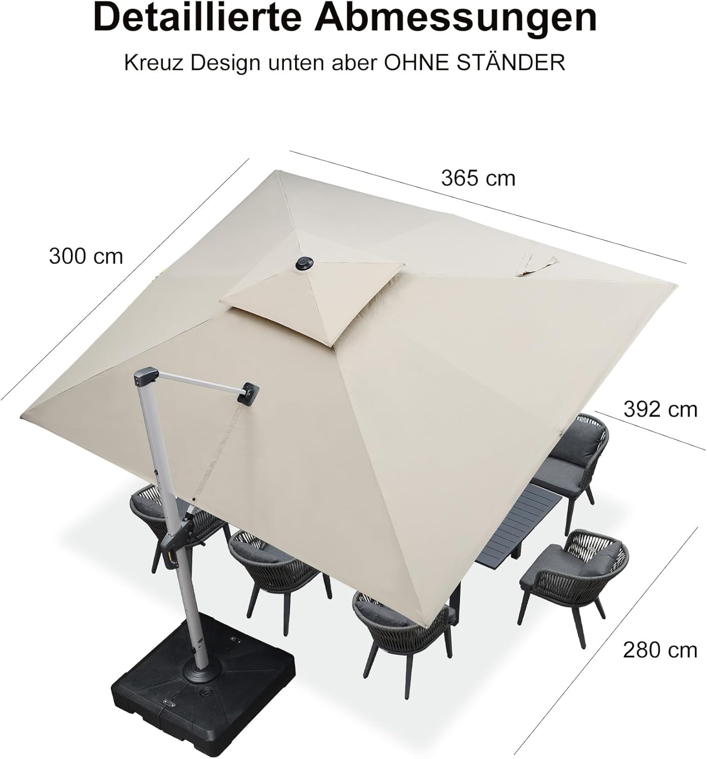 PURPLE LEAF Sonnenschirm Rechteckig 300 x 365 cm Ampelschirm Groß Stabil Marktschirm Groß 360° Rotation, Gartenschirm mit Kurbel, XXL Sonnenschutz UV50+, Beige