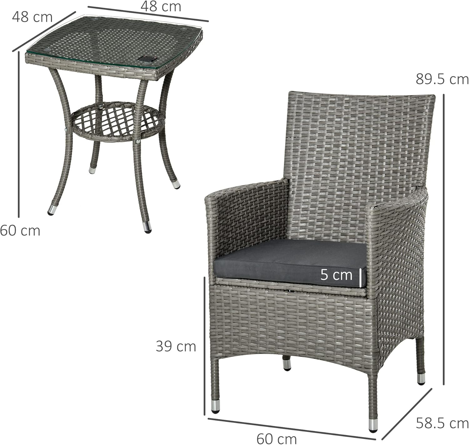 Outsunny Outdoor Garden Set 3 Pieces in PE Rattan and Steel, Set of 2 Chairs with Washable Cushions, Armrests, Coffee Table with Glass Top, Living Room Garden Balcony Patio Courtyard, Grey