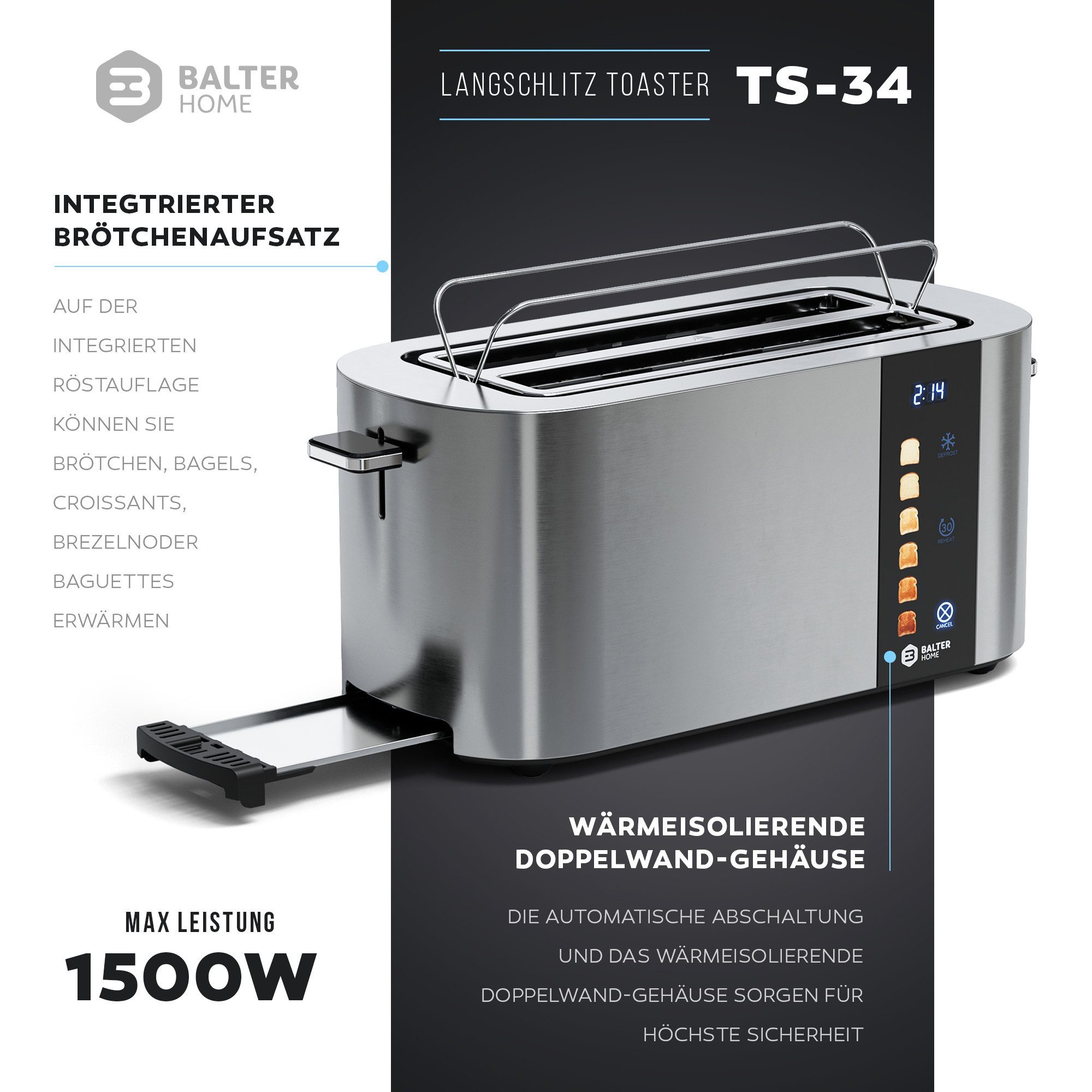 Toaster 4 Scheiben, Langschlitz, Edelstahl, Brötchenaufsatz, TS-34