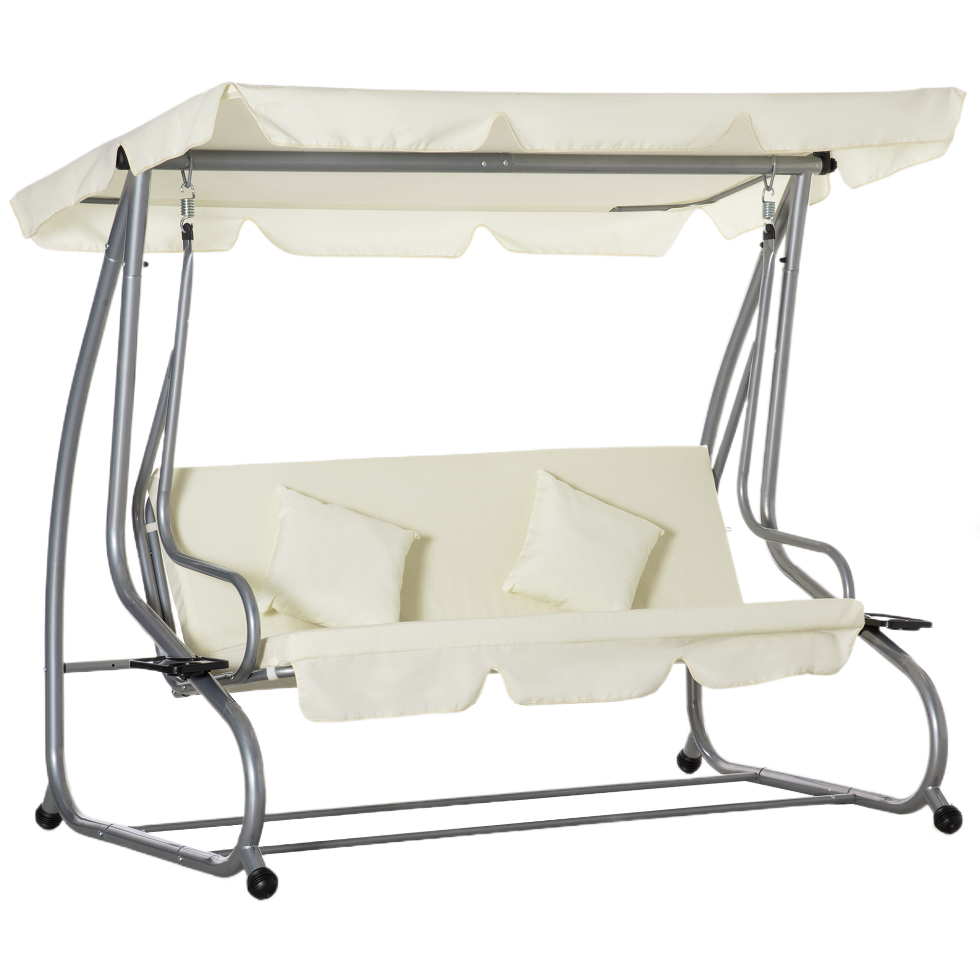 Outsunny Schaukelstuhl 3-Sitzer Gartenschaukel Hollywoodschaukel mit Sitz- und Rückenlehnen Tablett Schwingbank Sitzbank Dachwinkel verstellbar Stahl Polyestergewebe 200 x 120 x 164 cm Beige