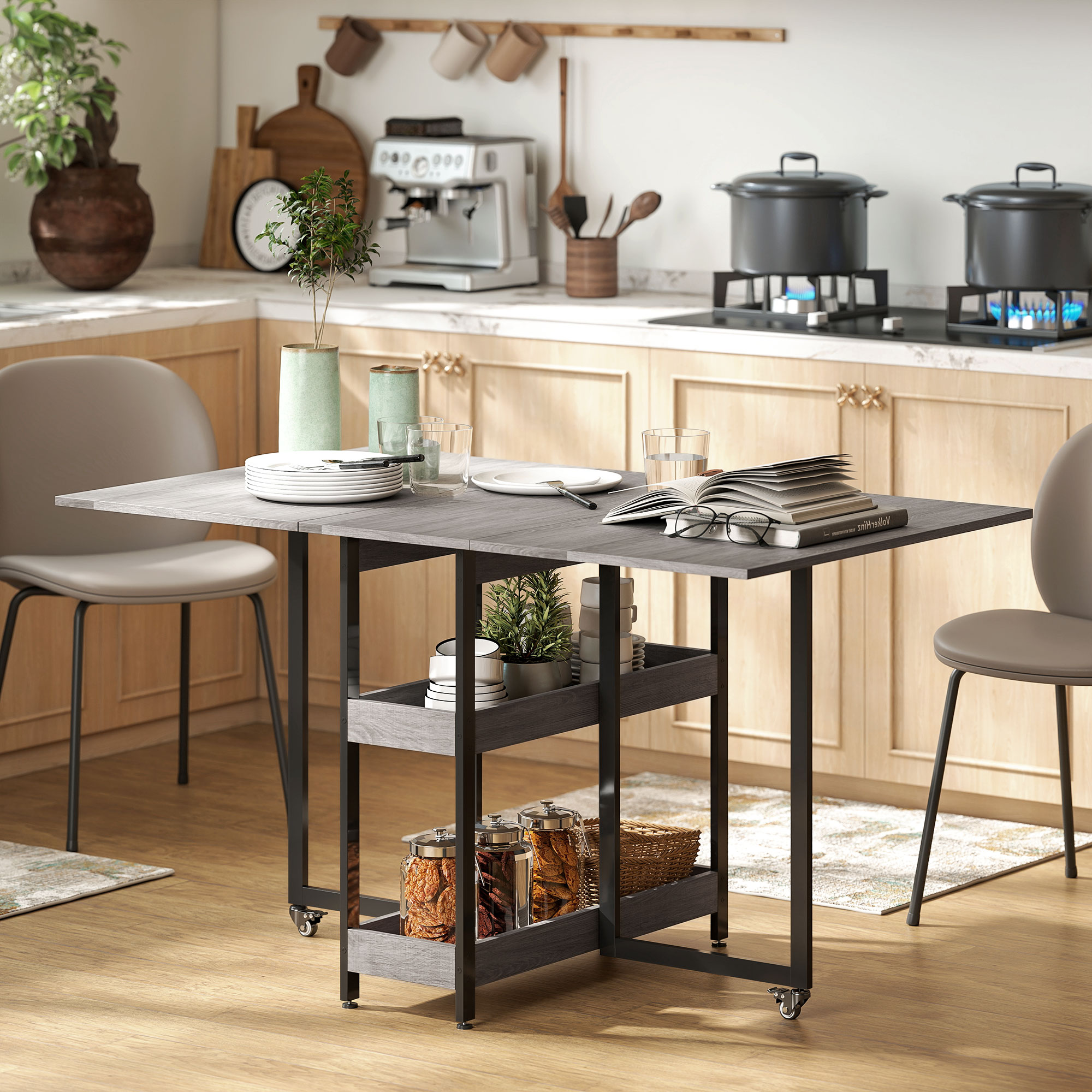 HOMCOM Klappbarer Esstisch im Industriedesign, für bis zu 4 Personen, offene Regale, flexibel, Metall, Spanplatte, Grau