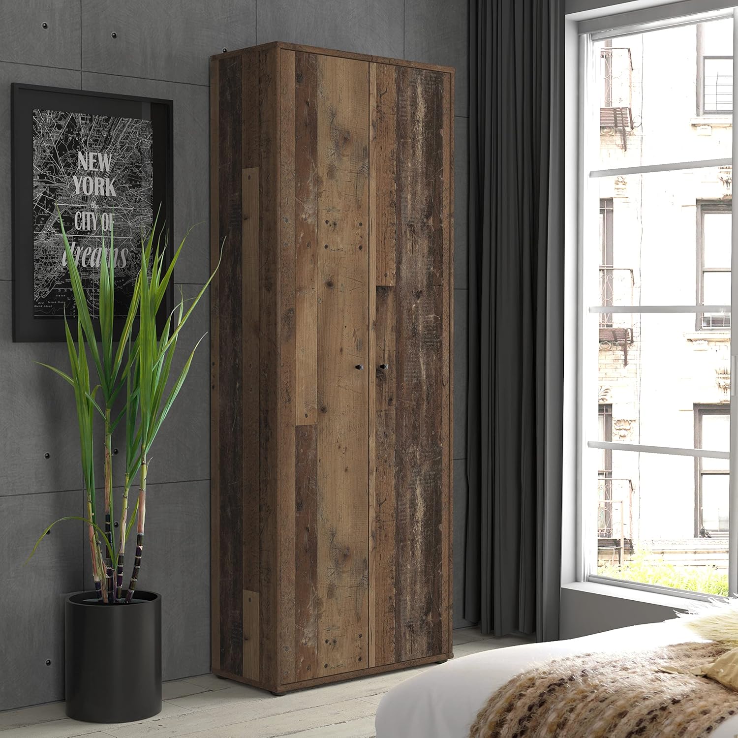 FORTE TEMPRA 2 Door Wardrobe with 2 Doors - Vintage Old Wood - 73.6 x 197 x 34.8 cm
