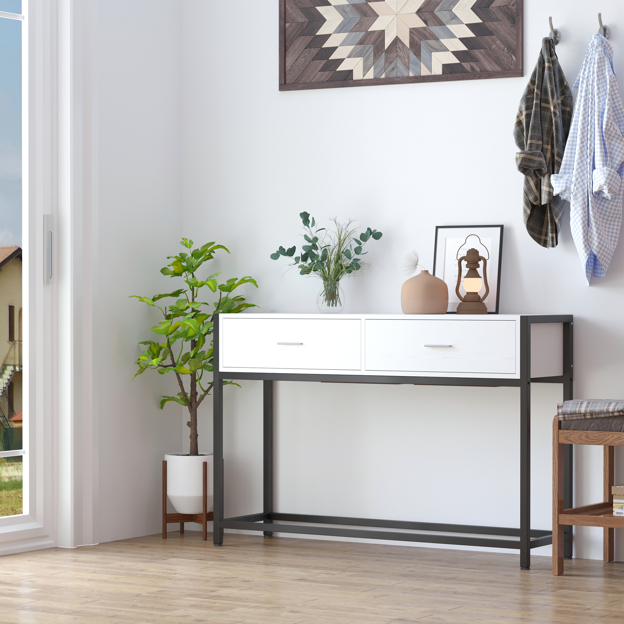 HOMCOM Konsolentisch für Eingangsbereich mit 2 Schubladen, Weiße Holzplatte und Schwarze Metallbeine 120x34x81cm