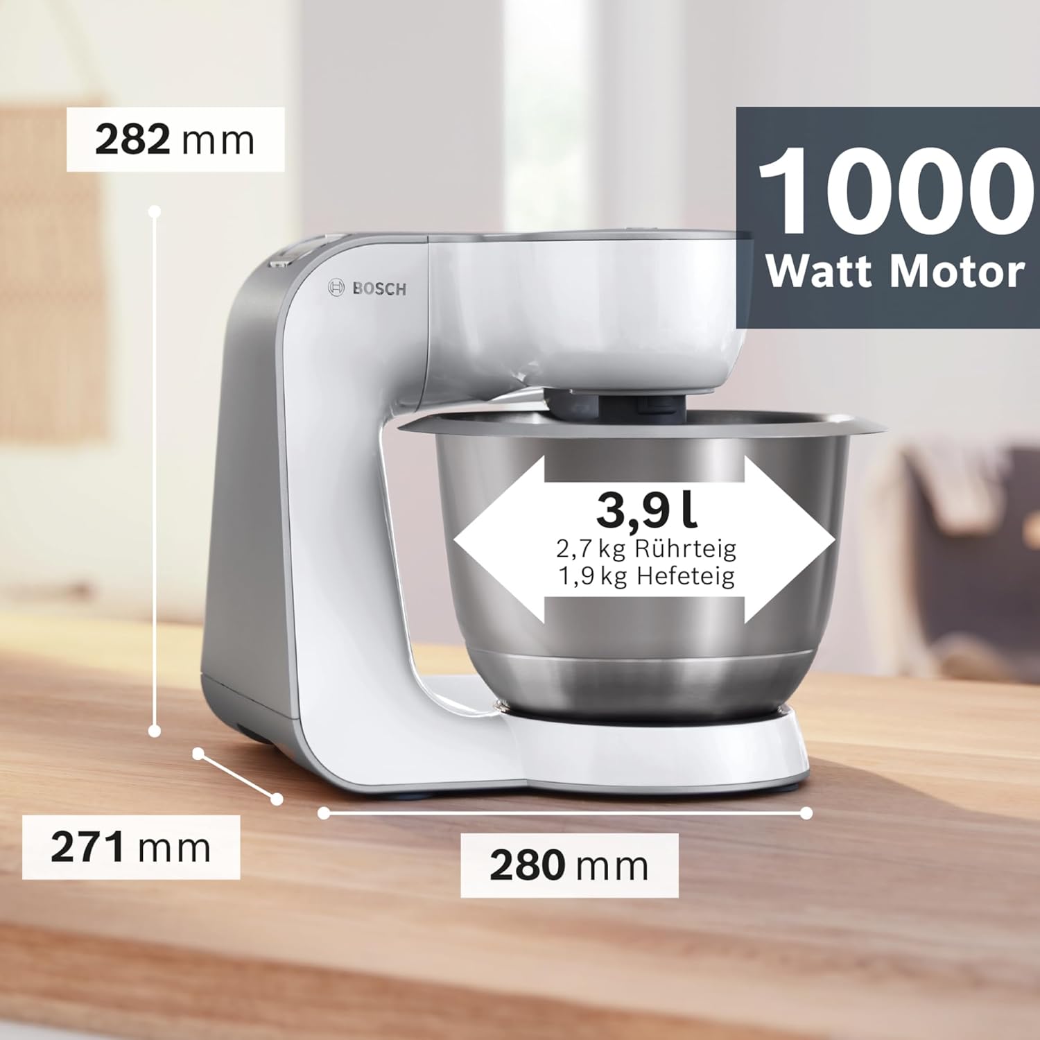 Bosch Küchenmaschine Serie 4, Edelstahl-Schüssel 3,9 L, Knethaken, Schlag- und Rührbesen Edelstahl spülmaschinenfest, Mixer 1,25 L, Durchlaufschnitzler, 3 Scheiben, 1000 W, Weiß, MUM58W20