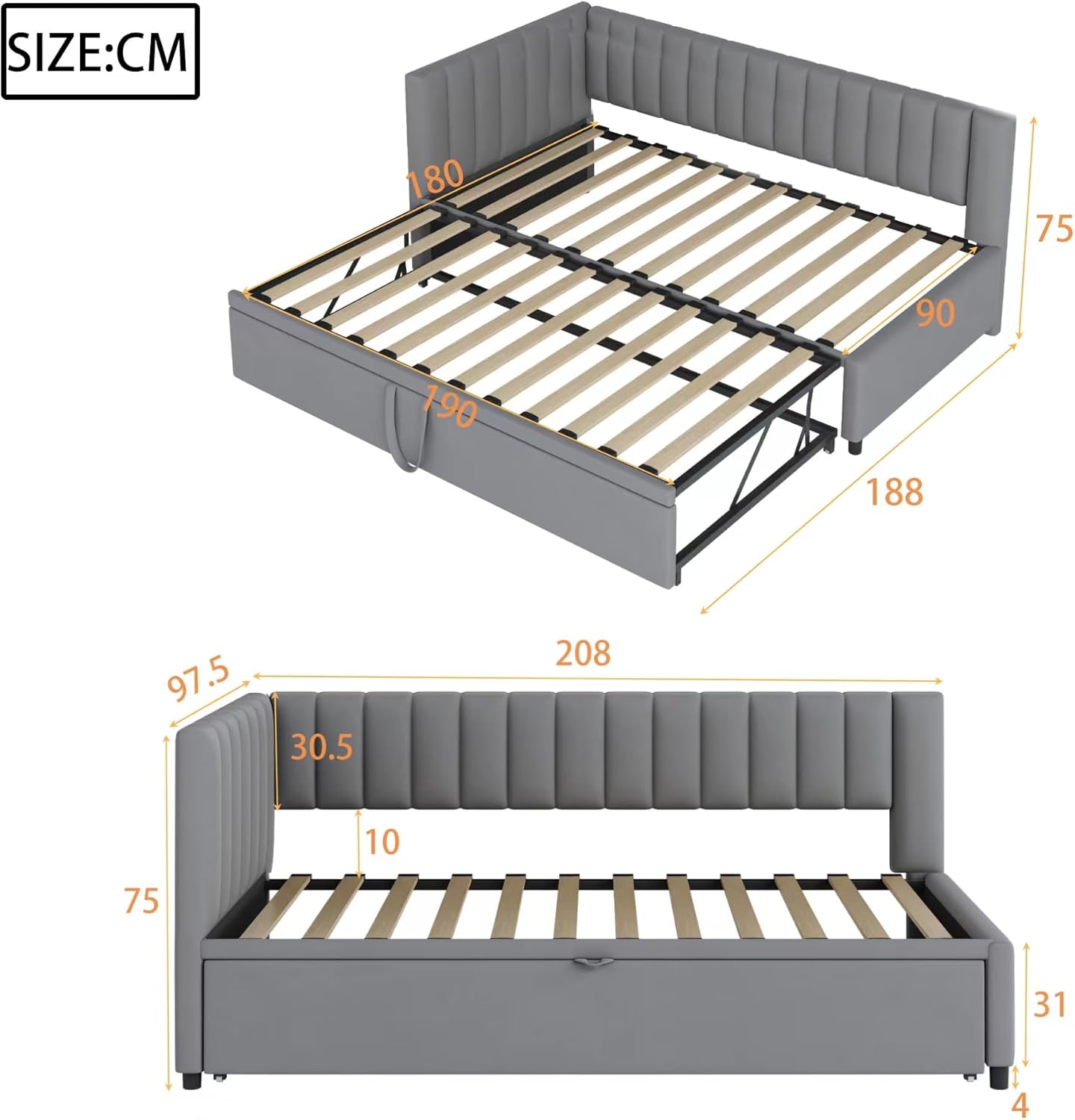 Letto per gli ospiti, divano letto multifunzionale a forma di L, con letto estraibile, in tessuto di velluto, design salvaspazio per lettino, 208 x 97,5 x 75 cm (grigio chiaro)