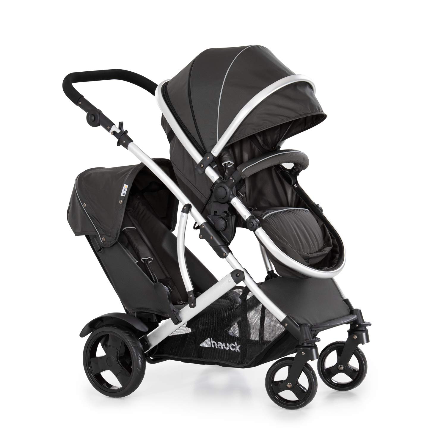 hauck Duett 2 Geschwisterwagen Regenschutz 15 kg Babywanne ab Geburt Zweitsitz abnehmbar Black Forest
