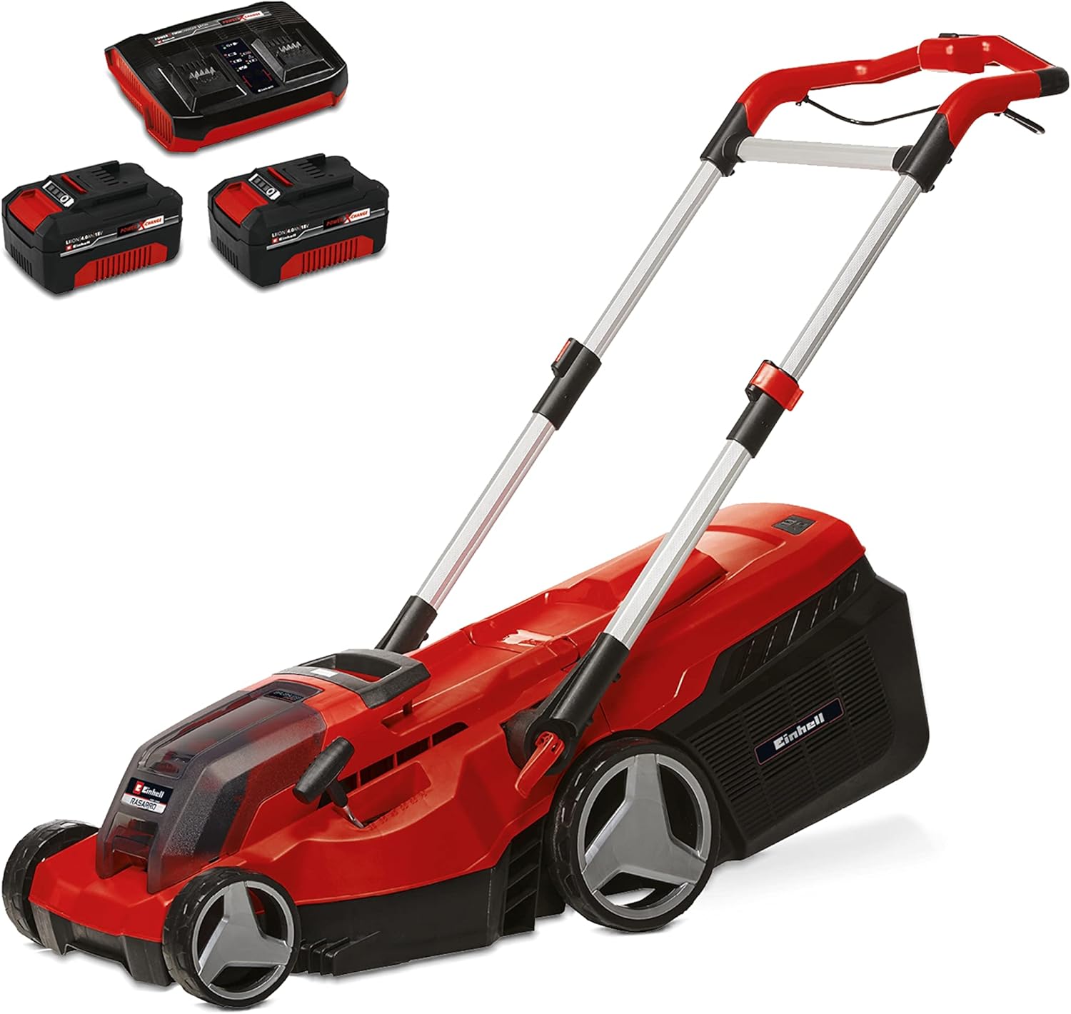 Einhell Akku-Rasenmäher RASARRO 36/38 Kit Power X-Change (36 V, 38 cm Schnittbreite, 450 m², Brushless, Mulchfunktion, 45L Fangkorb, inkl. 2x 4,0 Ah Akkus + Twincharger)