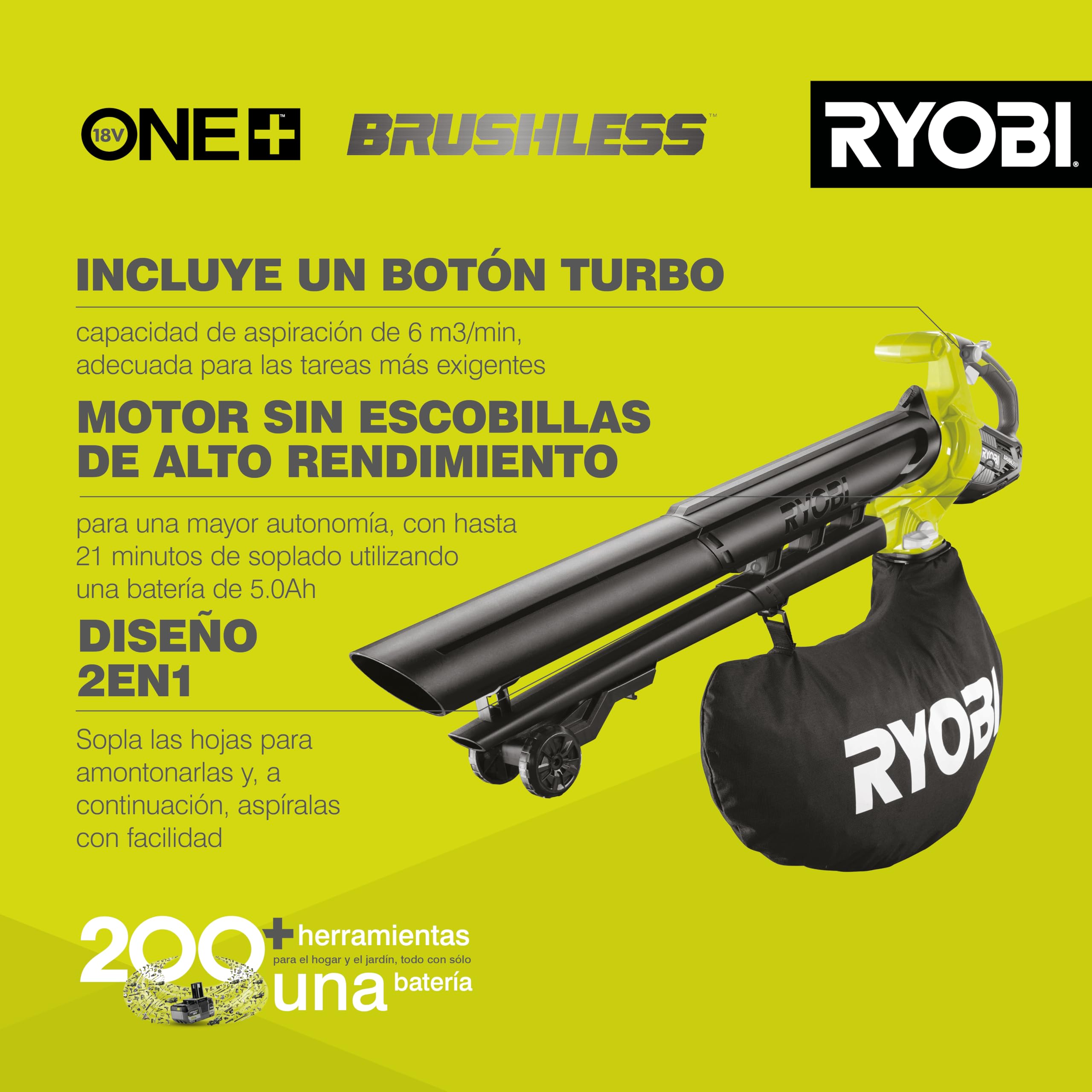 Ryobi 18V One Plus Brushless Akkulaubsauger OBV18 2 in 1 mit Gebläsefunktion für Garten und Außenbereich