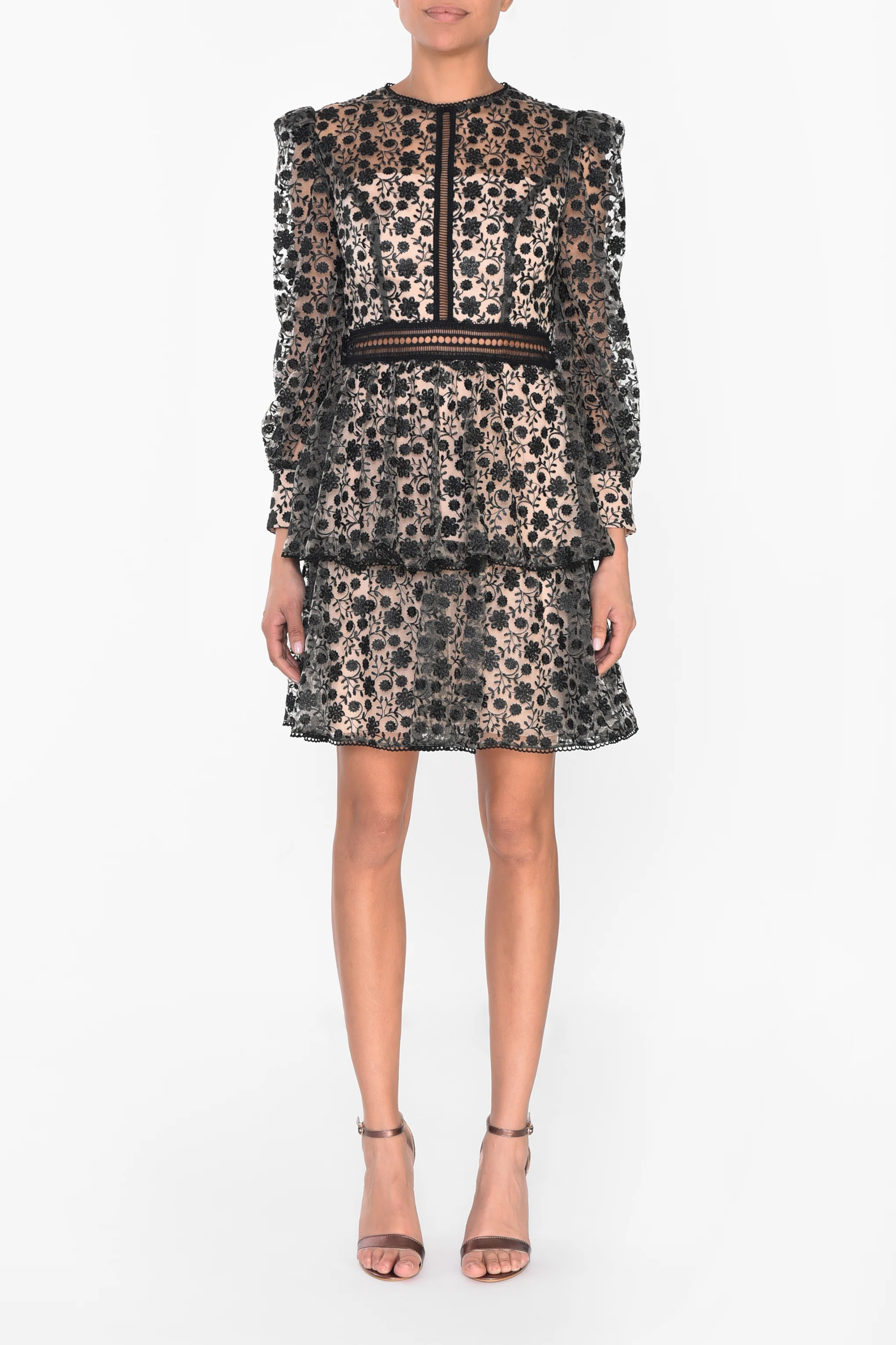 Black Nude Embroidered Cut Work Mini-Dress