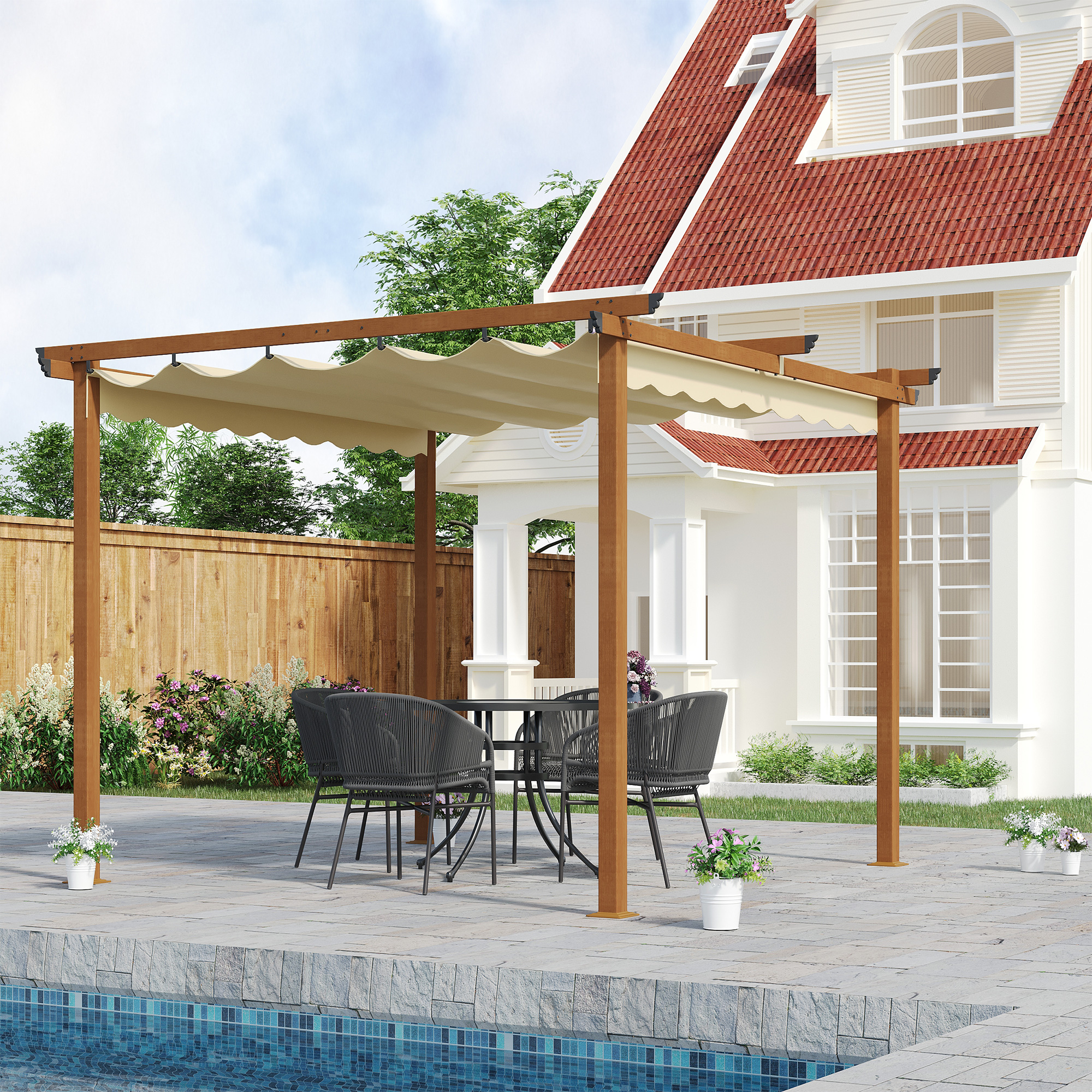 Outsunny Pergola ausziehbar Aluminiumstruktur + Polyesterhochdichtgewebe Sonnenschutz 3 x 3 x 2,25 m Beige