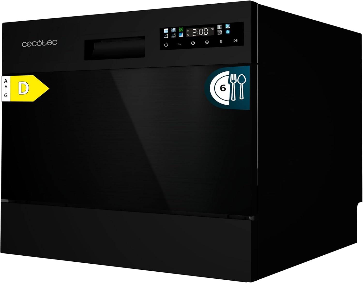 Cecotec Compact Dishwasher Free Installation 6 Bolero Aguazero 2300 Dark Cutlery, 6 Cutlery, 8 Programs, Class D, Colour Touch Panel, Delay Start, Pre-Wash Function, Dry+, Germ Shield